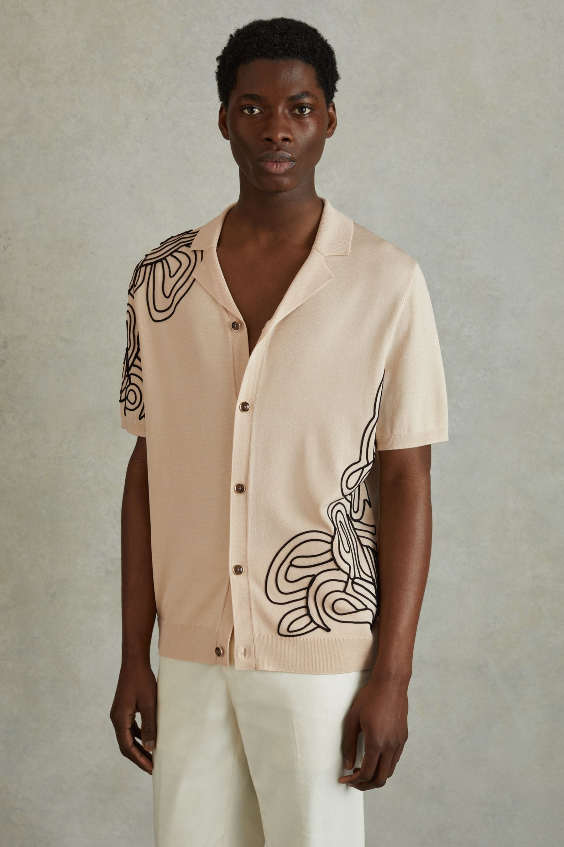 Reiss Cream Jersey Embroidered Cuban Collar Shirt In Cream