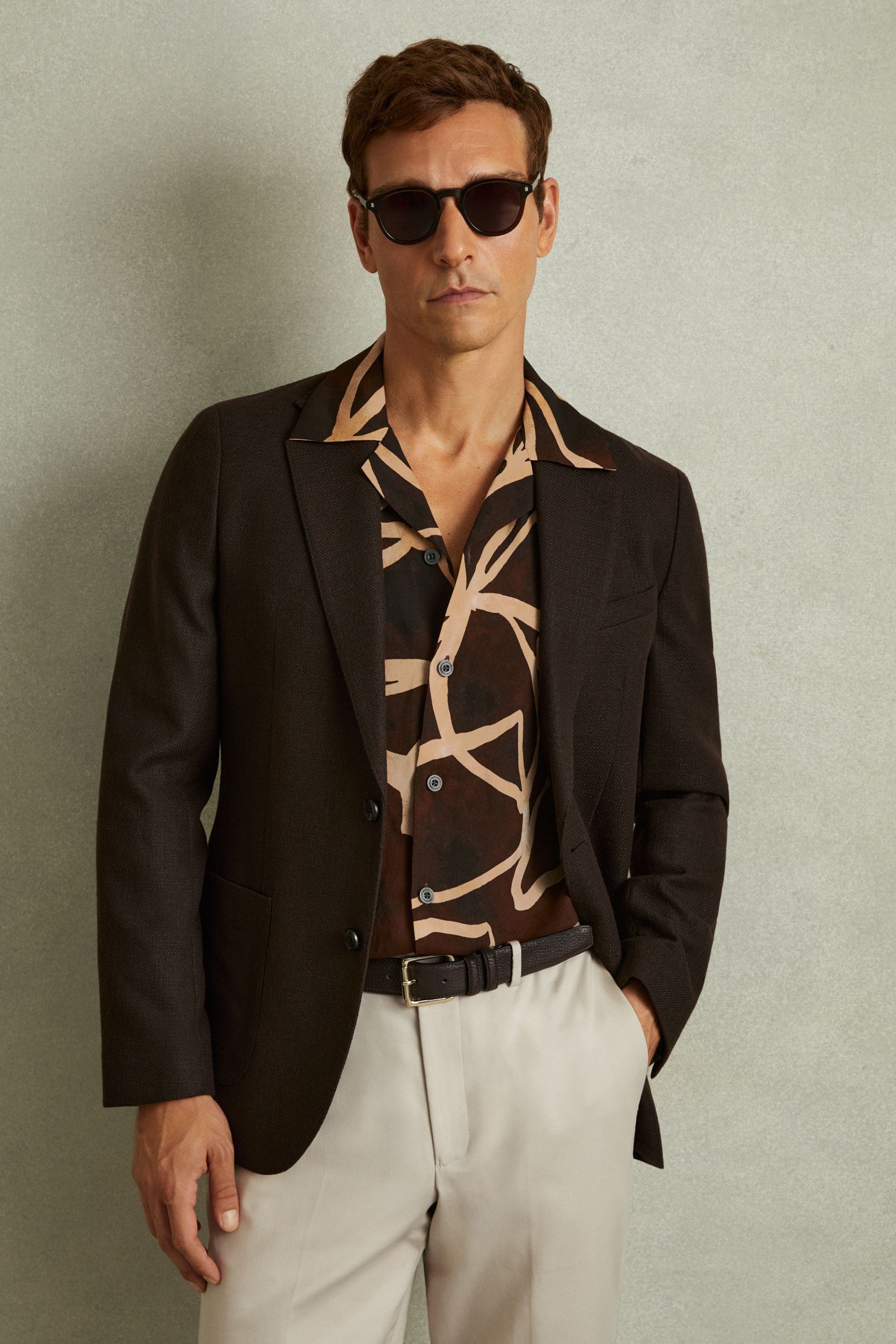 Reiss Brown/off White Jerry Relaxed Printed Cuban Collar Shirt In Brown/off White