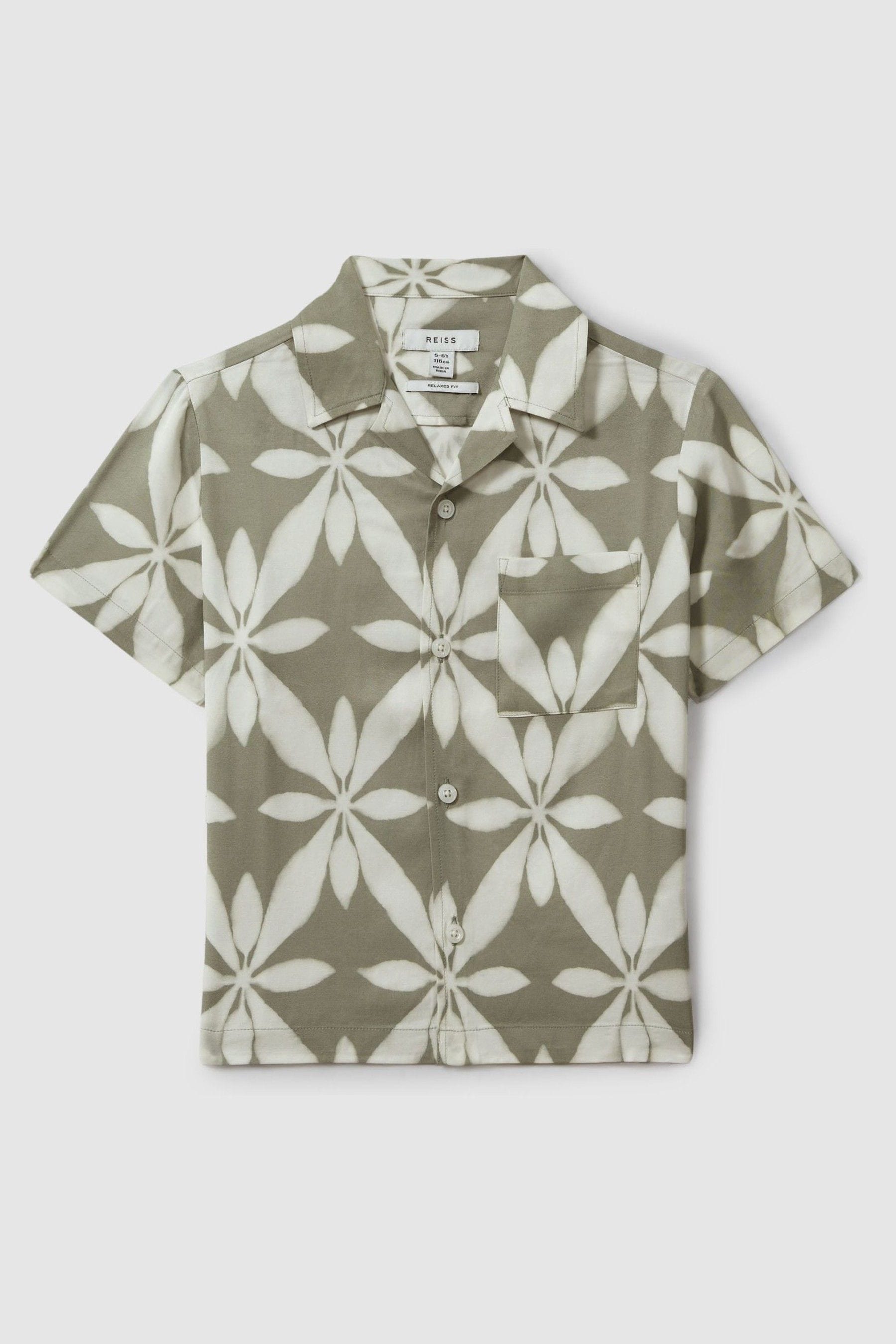 Reiss Marabel - Sage Green Relaxed Printed Cuban Collar Shirt, Uk 13-14 Yrs