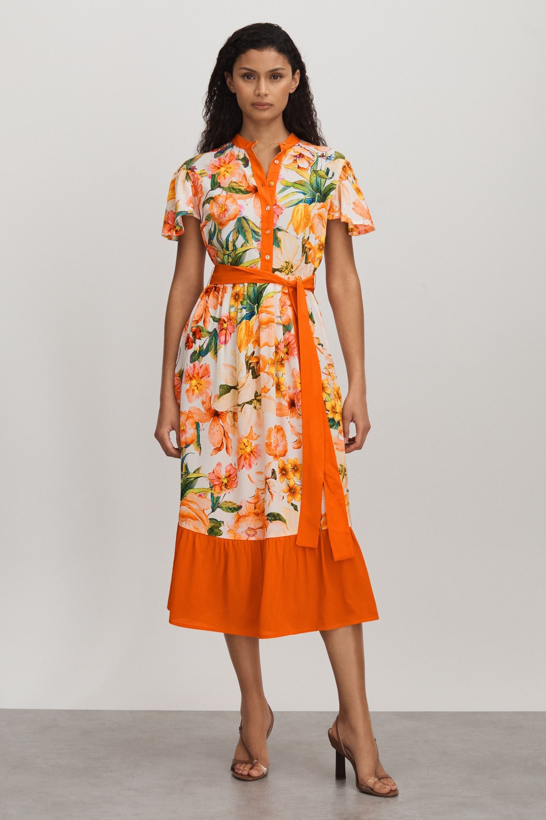 Raishma Silk Floaty Sleeve Midi Dress In Orange