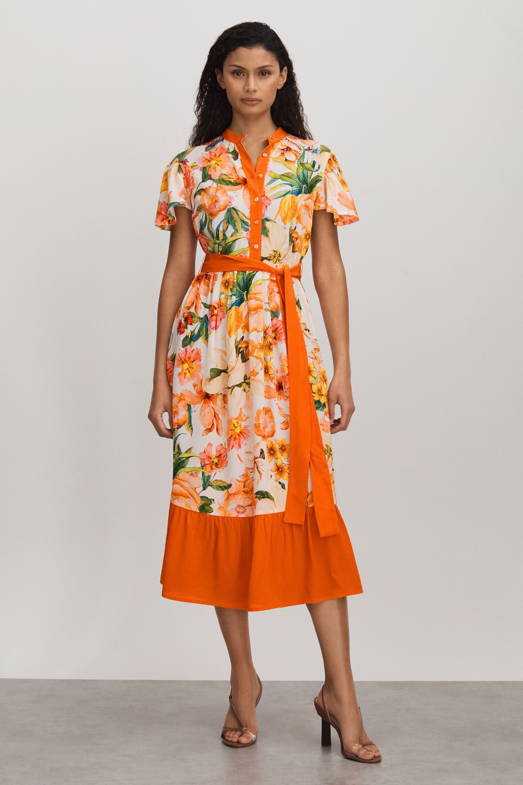 Shop Raishma Silk Floaty Sleeve Midi Dress In Orange