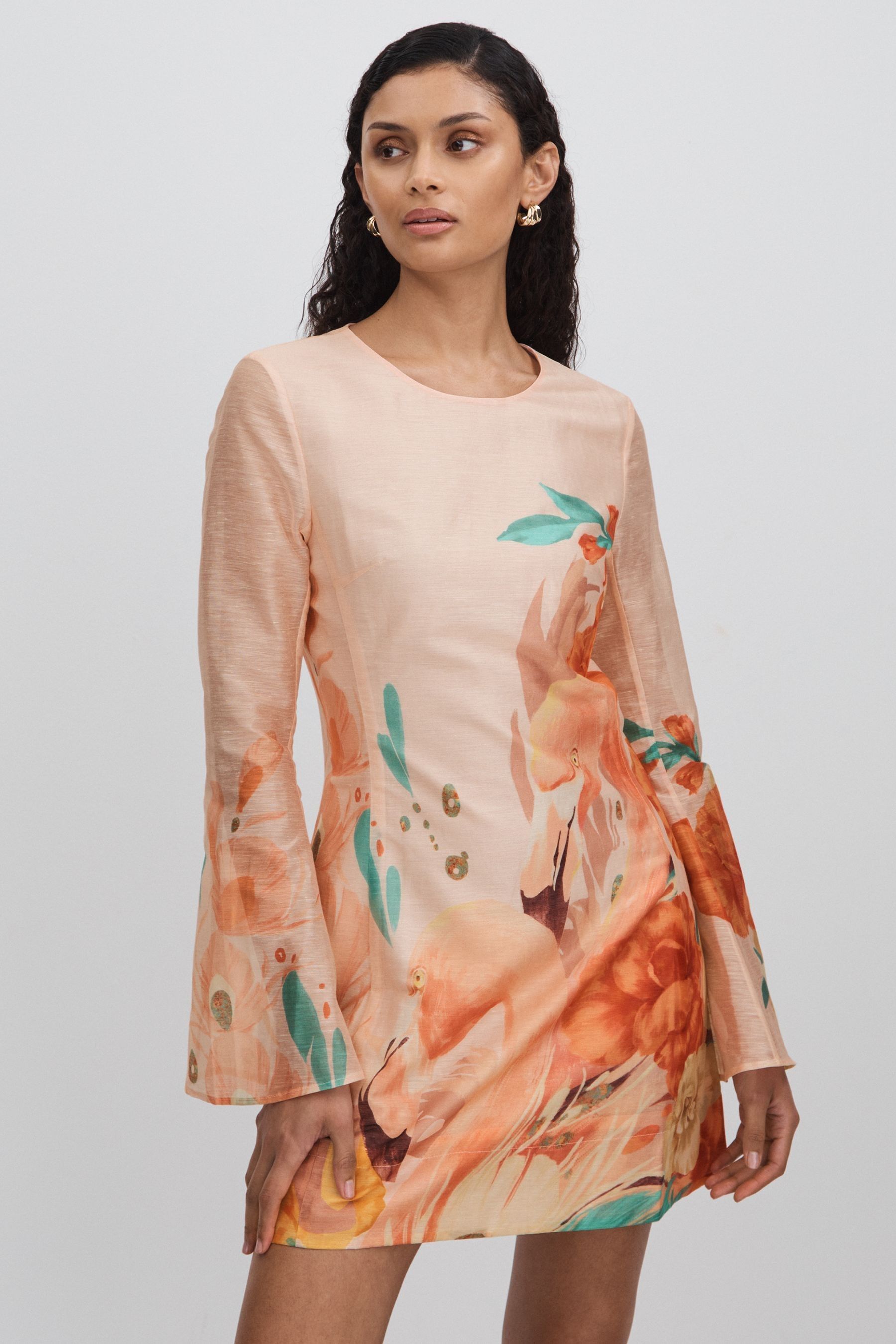 Leoen Blend Printed A-Line Mini Dress, Soft Pink Print, 8