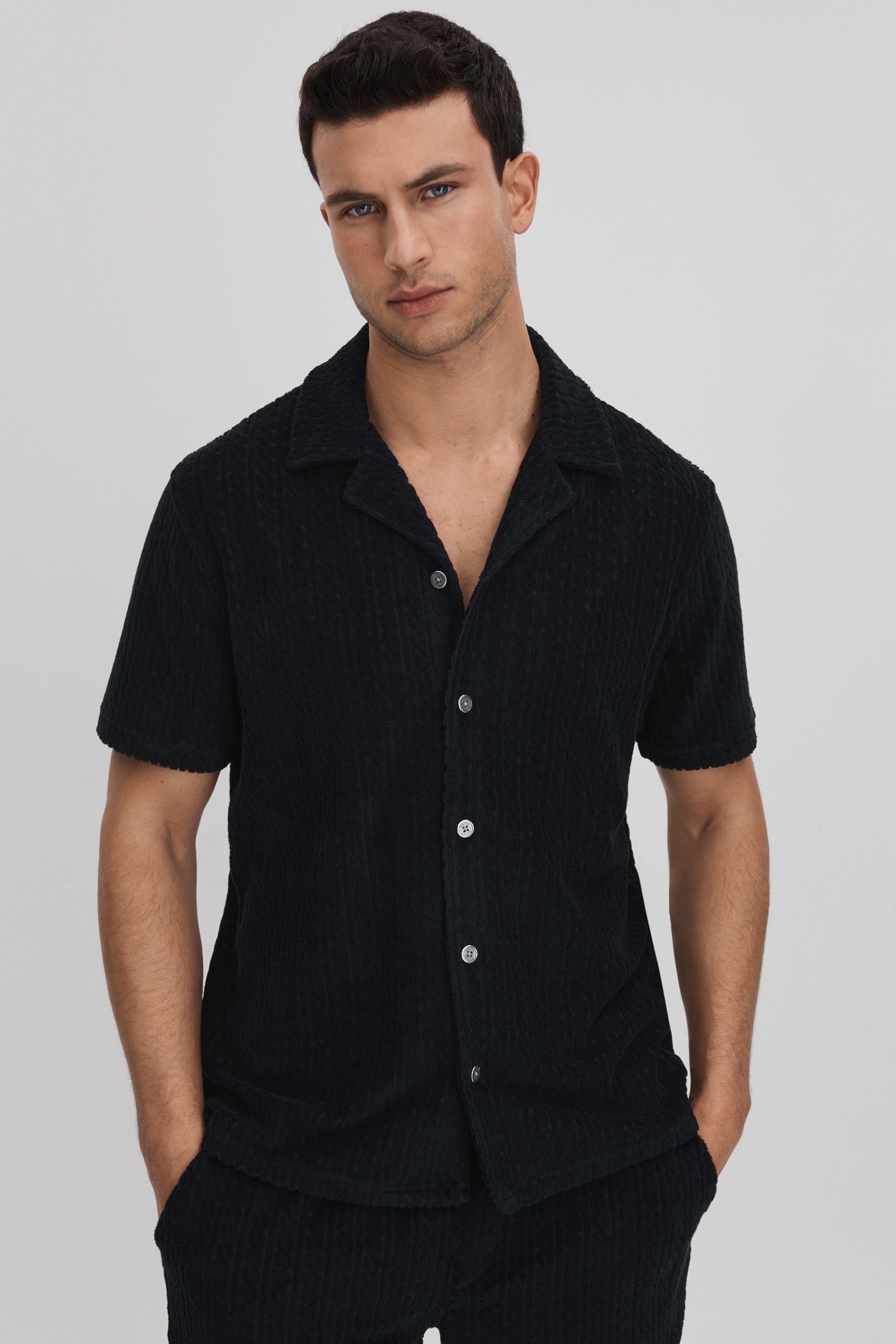 Reiss Bay - Navy Towelling Cuban Collar Shirt, Xl