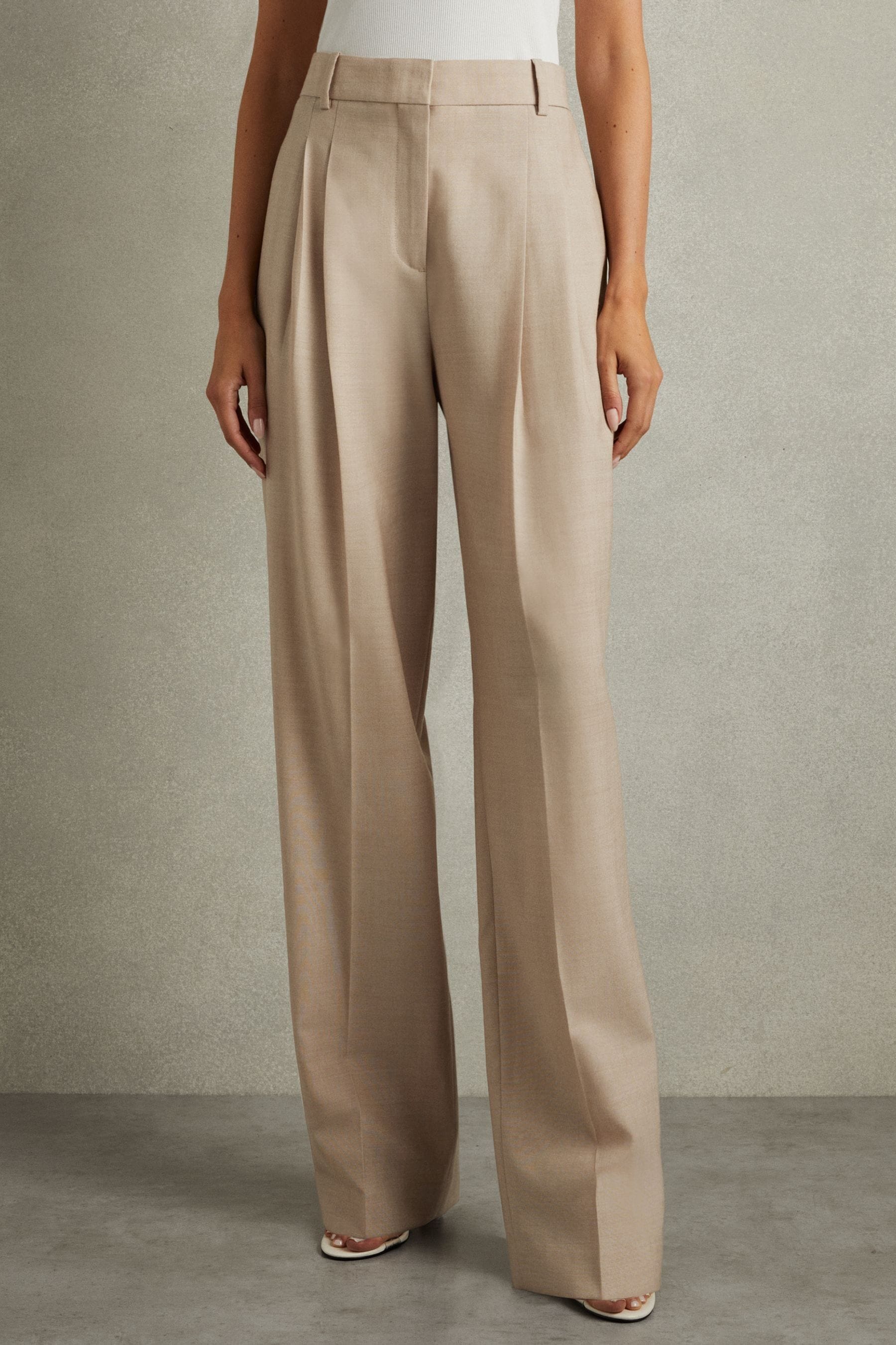 Reiss Sadie - Neutral Petite Wool Pleat Front Wide Leg Suit Trousers, Us 4