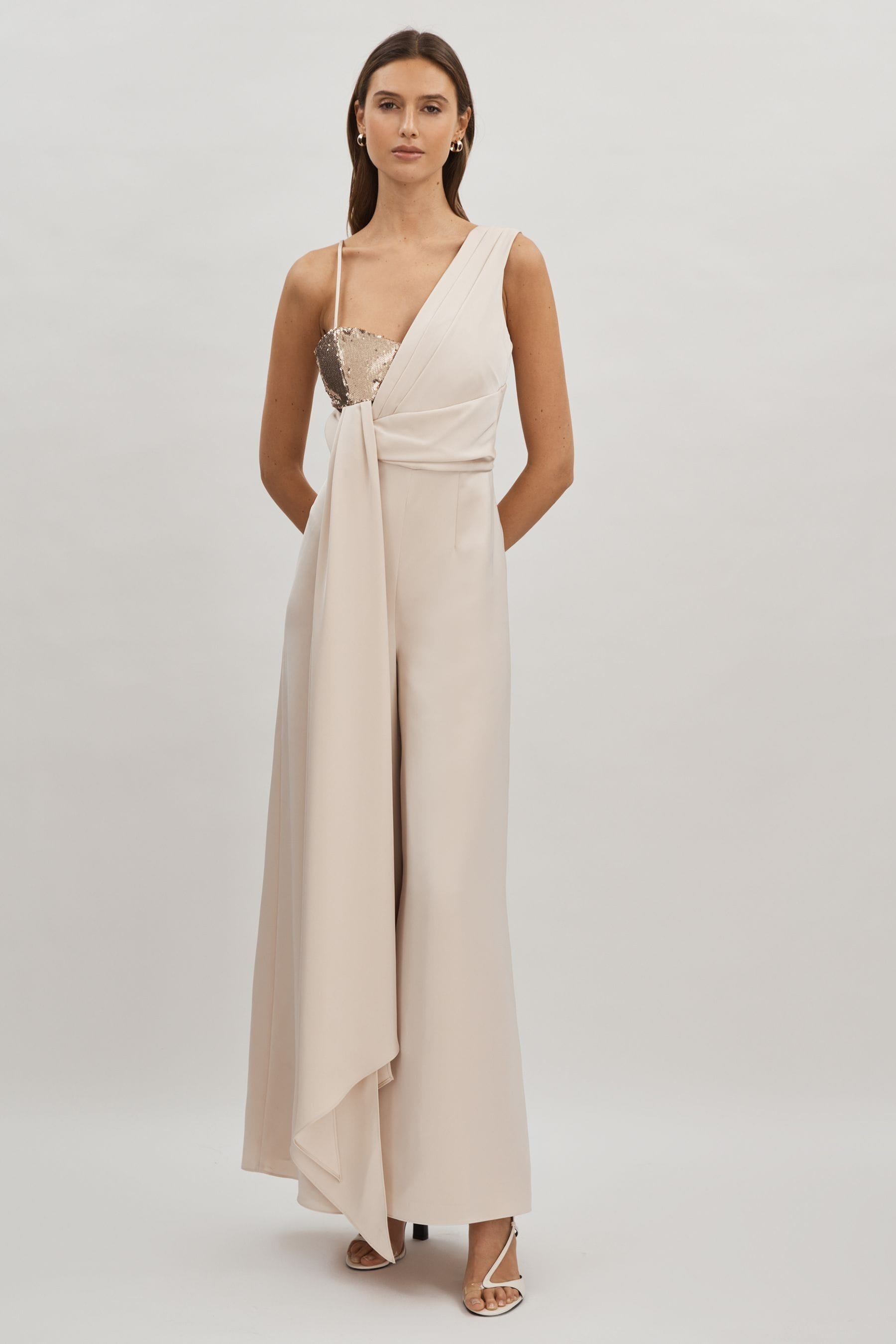 Halston Satin Sequin Wide Leg Jumpsuit, Beige, 10