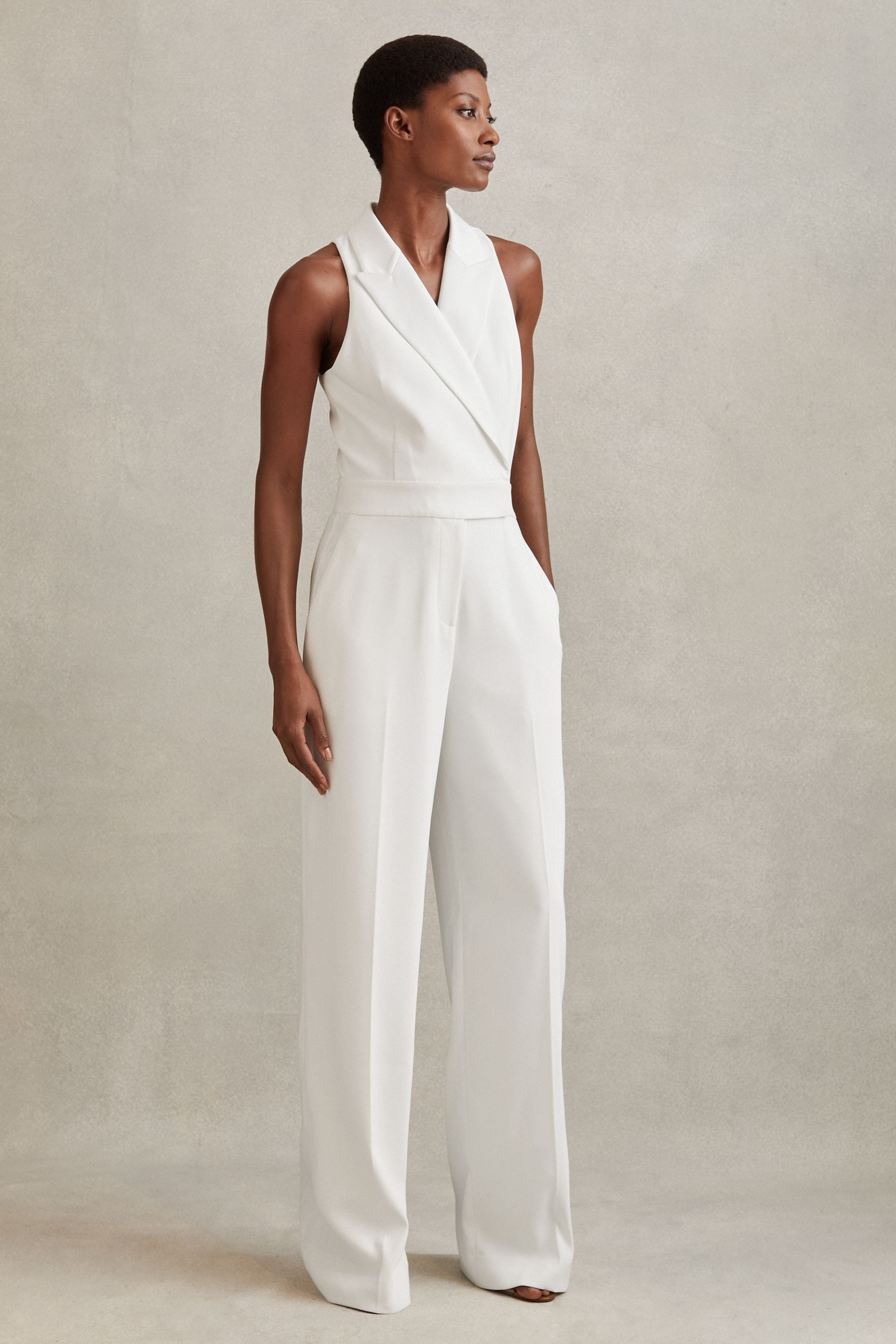Reiss Lainey - White Petite Double Breasted Satin Tux Jumpsuit, Us 4