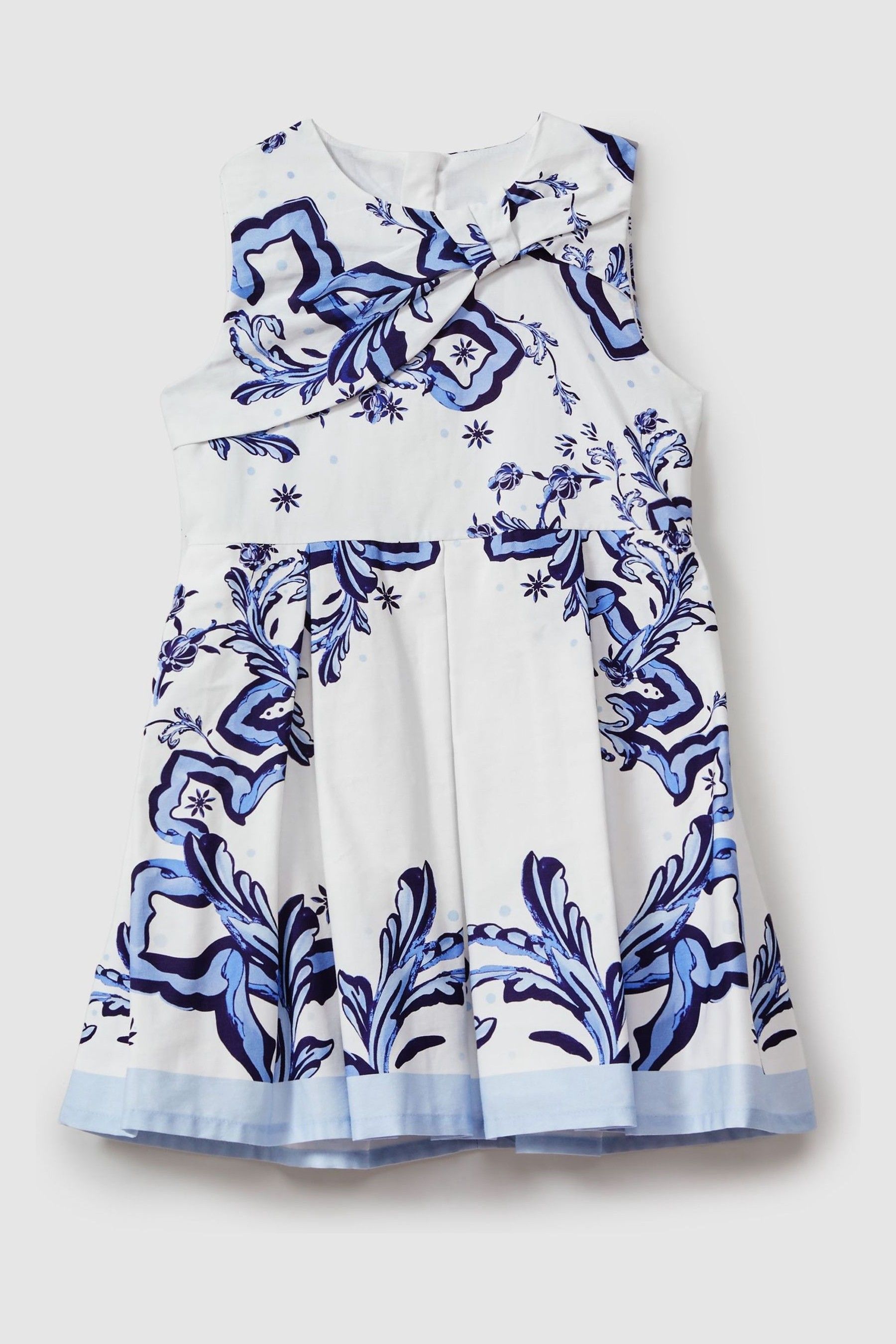 Reiss Emiline - Blue Print Teen Cotton Tile Print Pleated Dress, In White