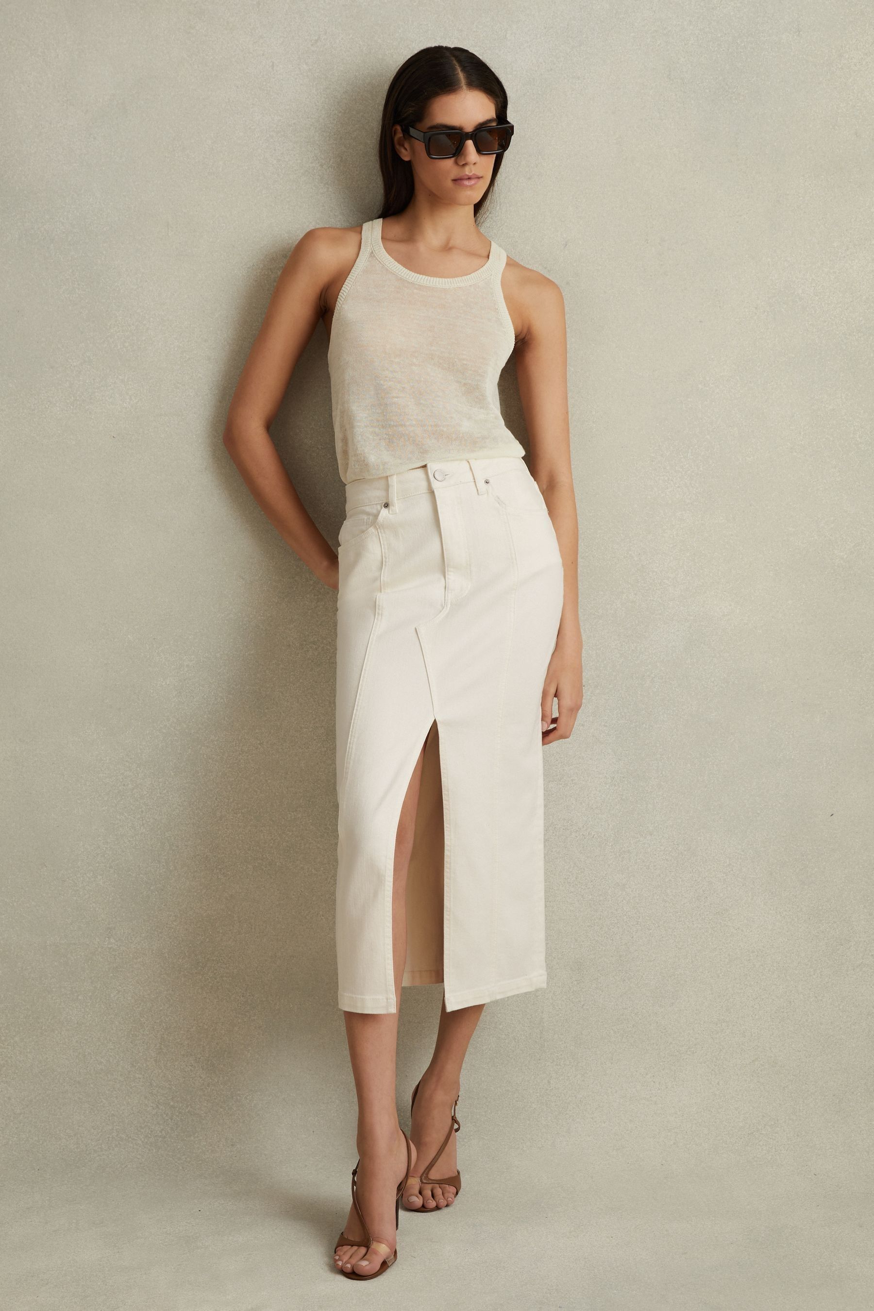 Shop Reiss Danica - Ivory High Rise Denim Midi Skirt, Us 8