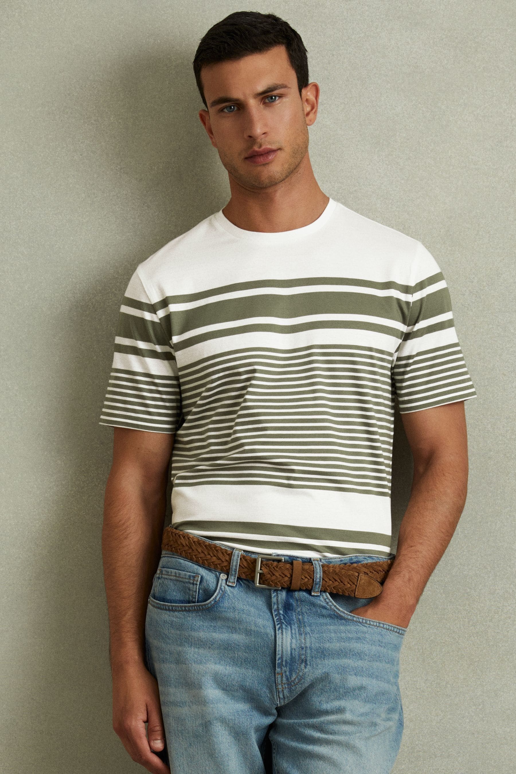 Lory - White/Sage Mercerised Cotton Striped Crew Neck T-Shirt