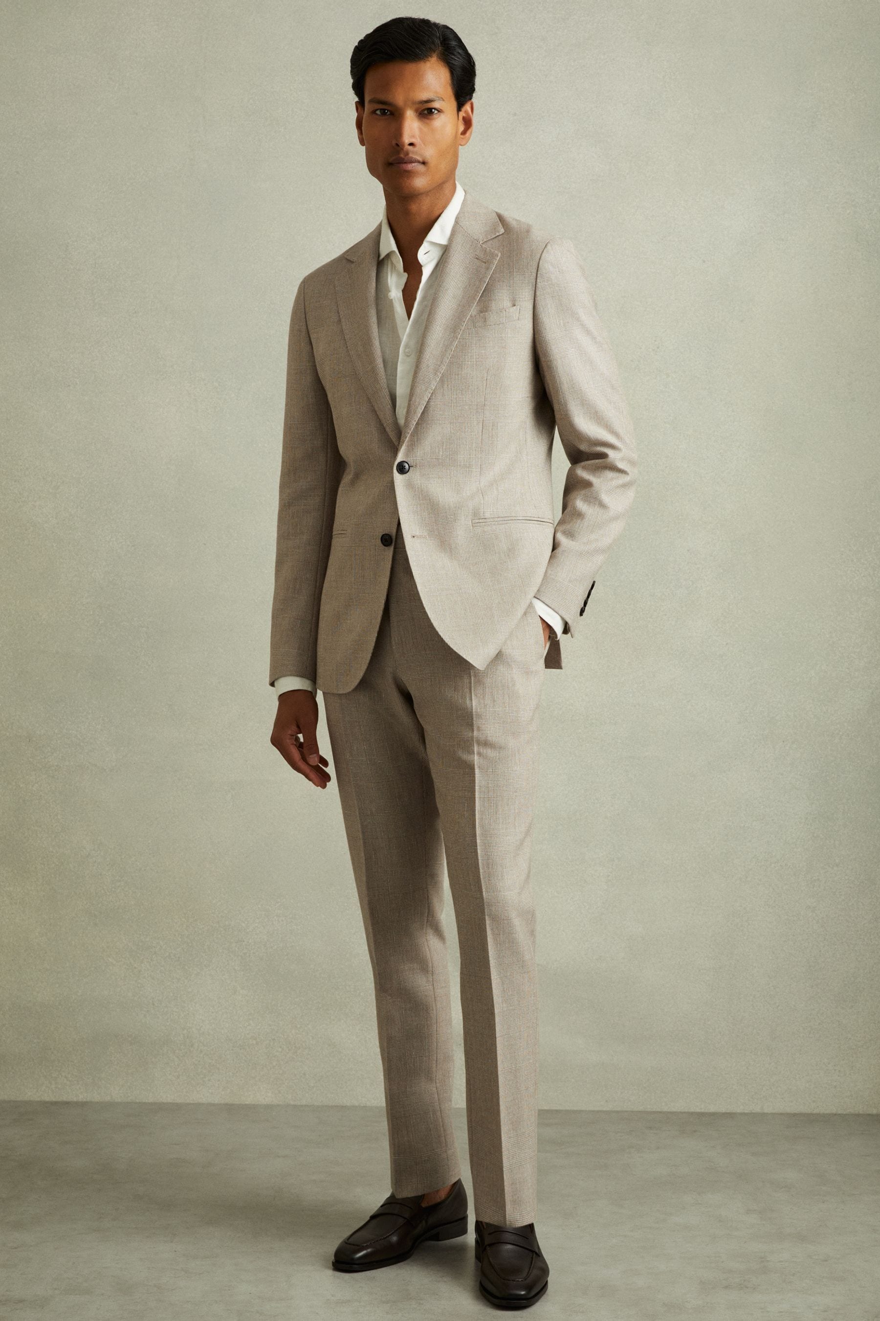Reiss Oatmeal Checked Side Adjuster Trousers In Wool-linen In Oatmeal