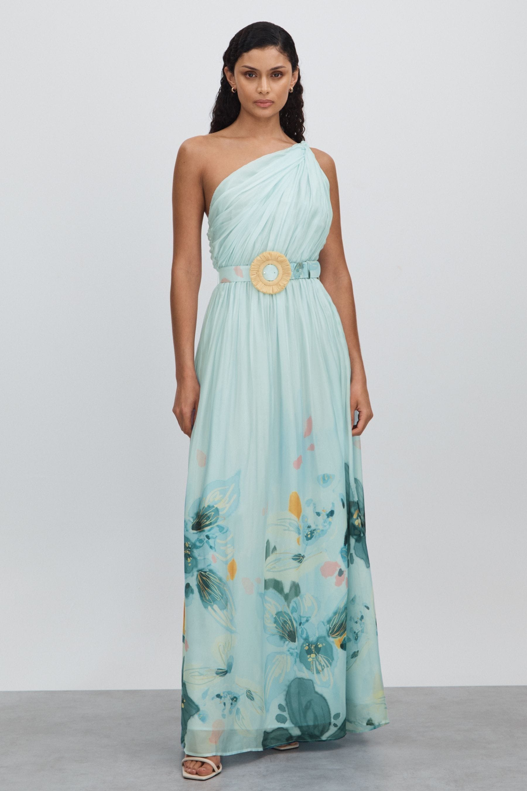 Leo Silk Blend Pleated Asymmetric Maxi Dress, Blue Print, 12
