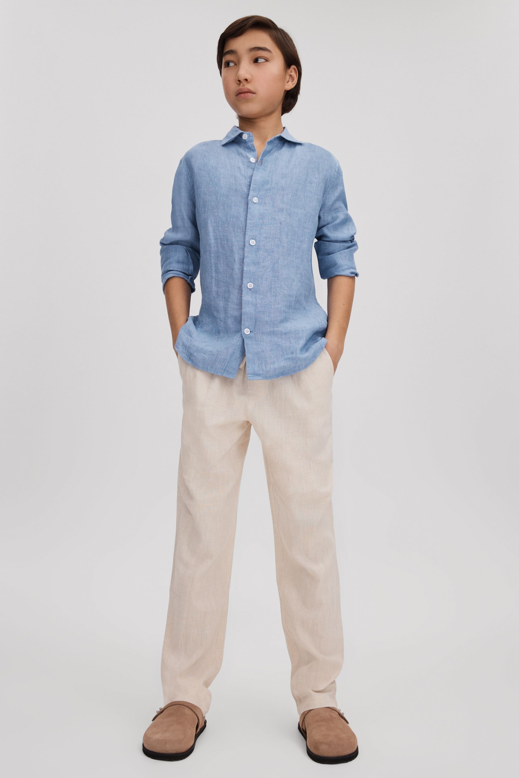 Reiss Sky Blue Ruban 9-13 Yrs Linen Cutaway Collar Shirt In Sky Blue