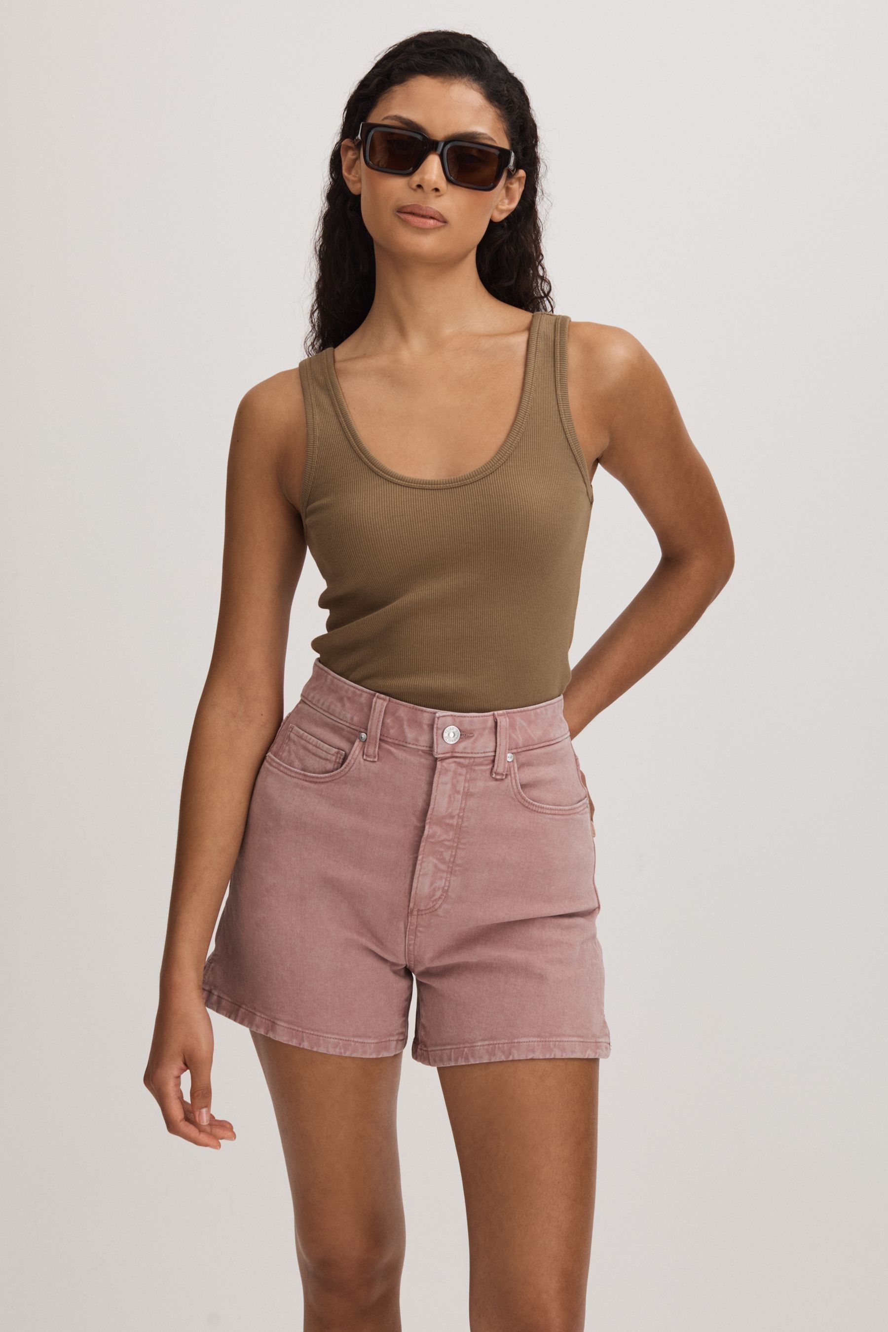 Shop Paige High Rise Denim Shorts In Blush