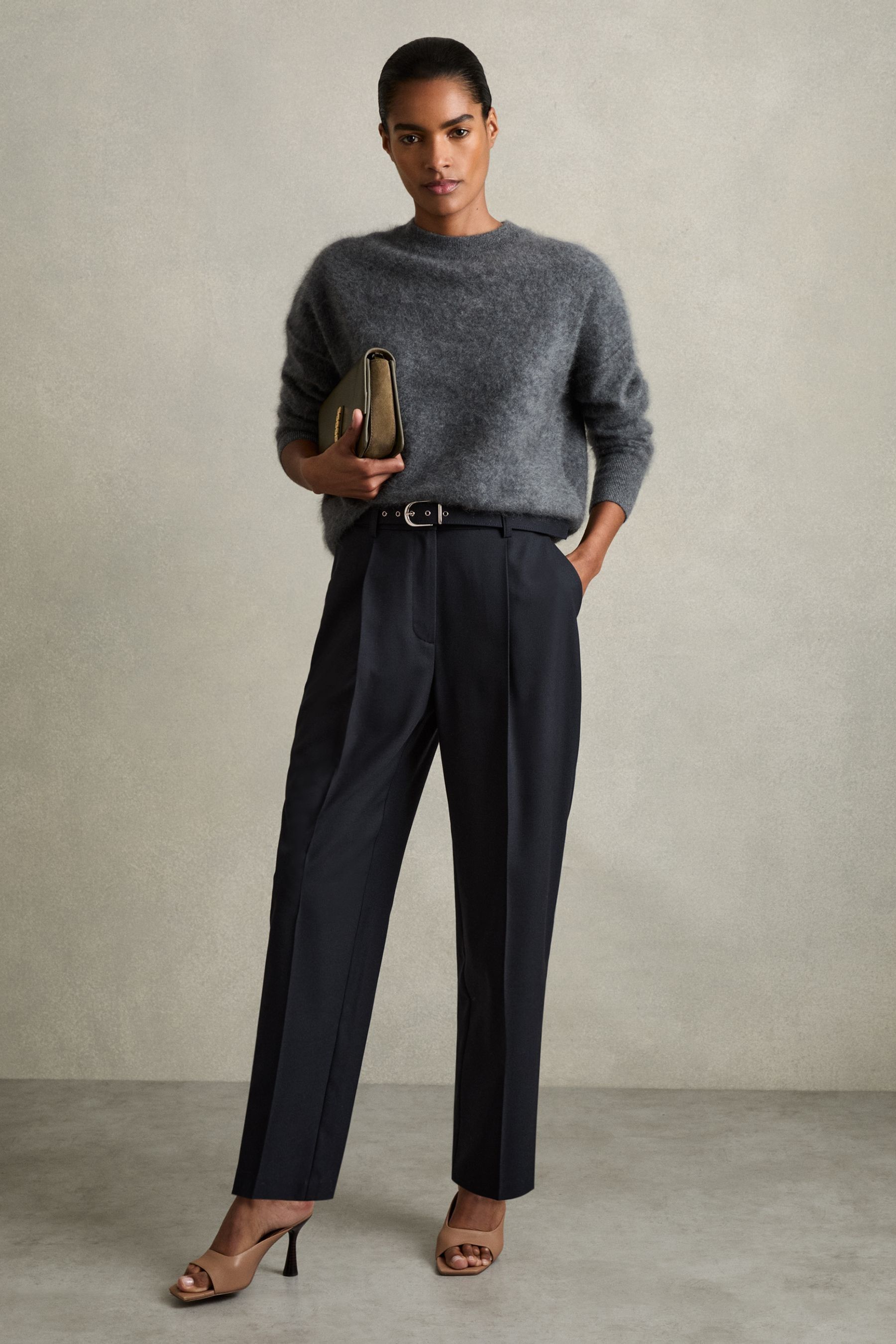 Reiss Navy Petite Tapered Belted Trousers In Navy