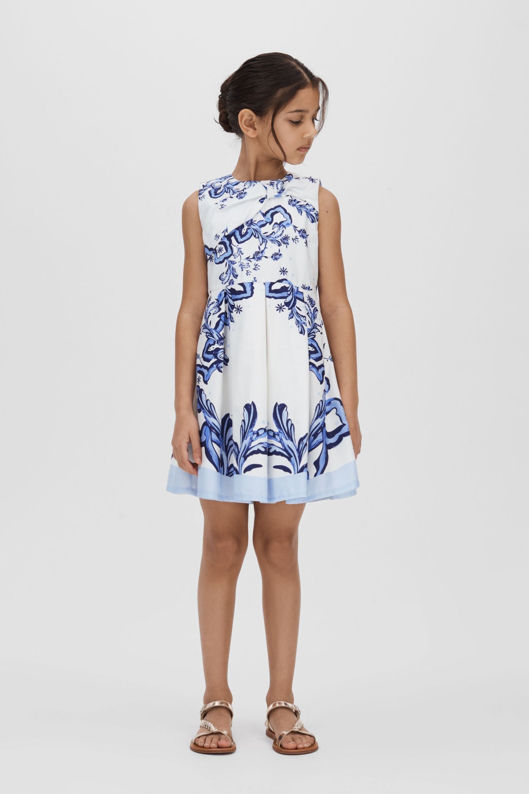 Reiss Kids' Emiline - Blue Print Junior Cotton Tile Print Pleated Dress, 7 In White