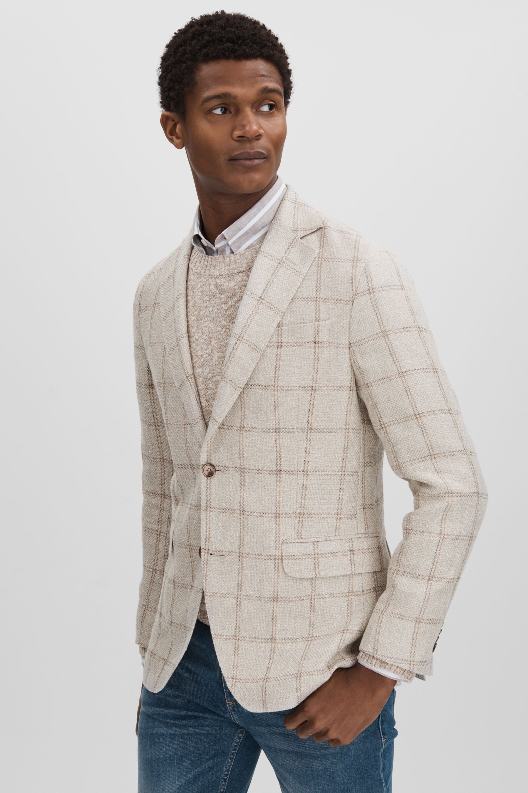 Oscar Linen Blend Single Breasted Check Blazer, Cream, 54