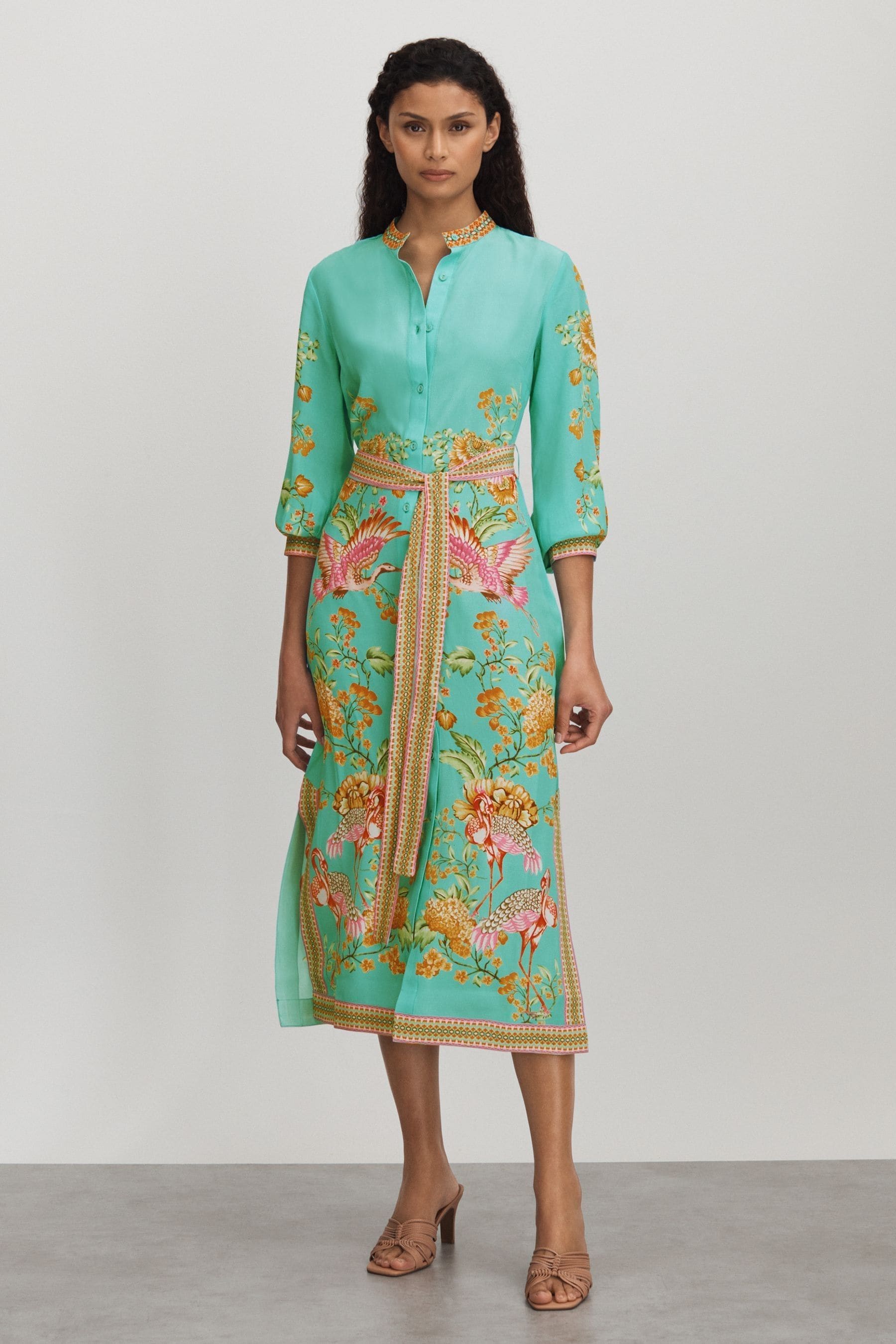 Shop Raishma Silk Printed Belted Midi Dress In Sky Blue