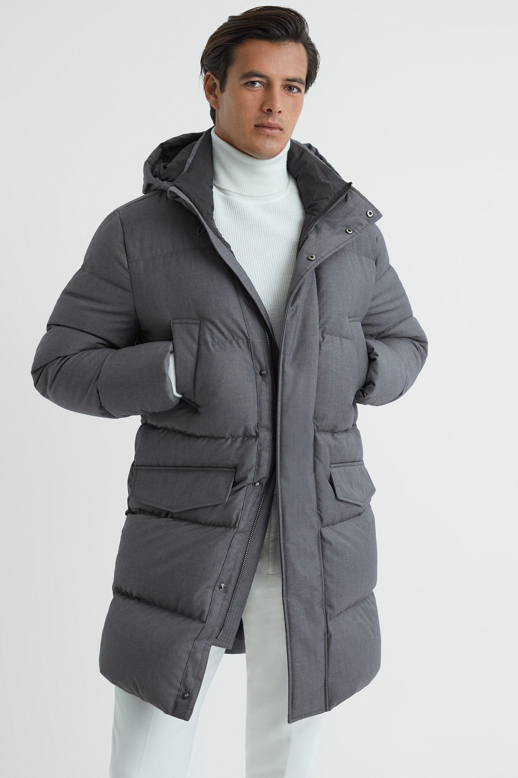 Reiss Billings - Grey Quilted Hooded Coat, Xl