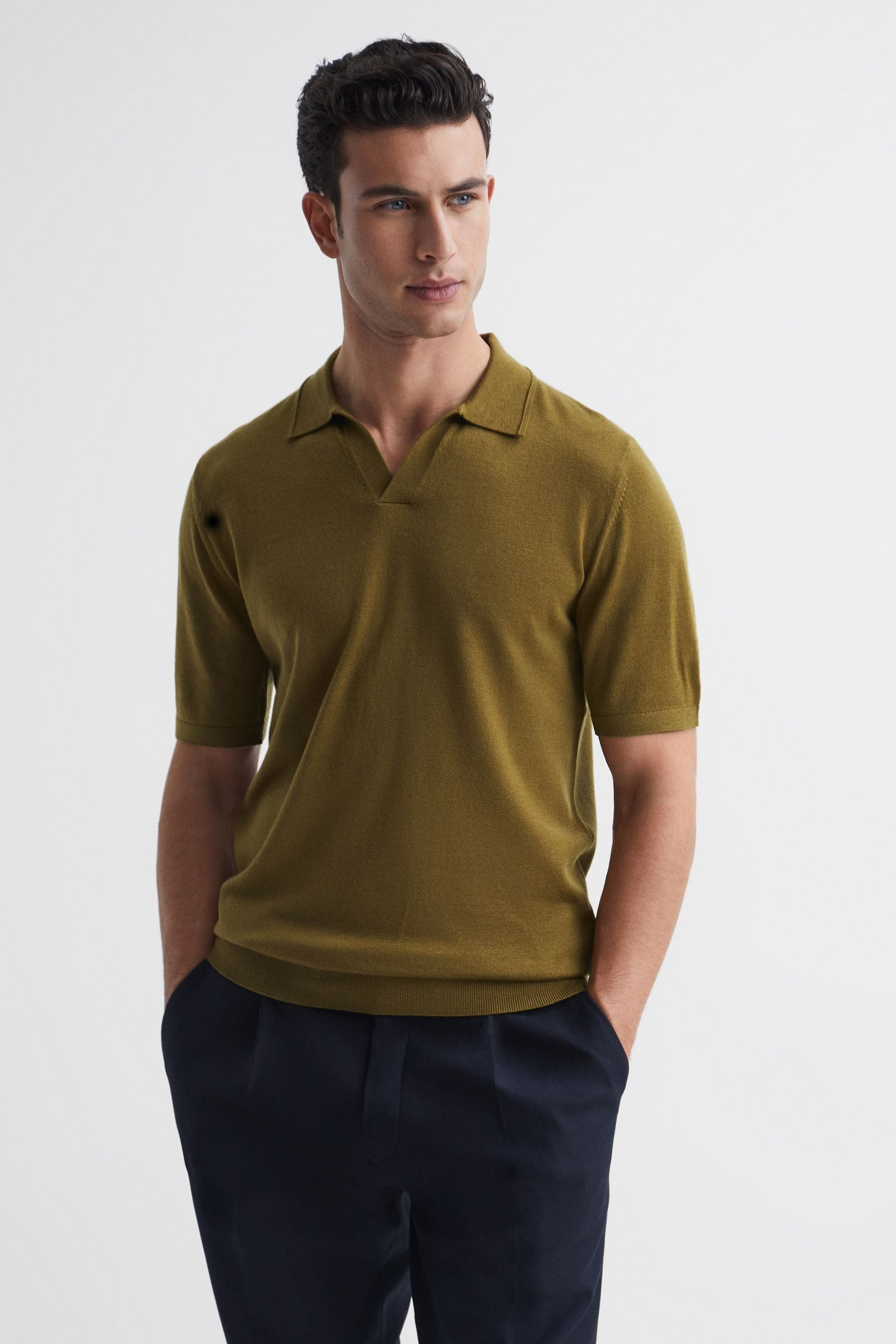 Reiss Mens Bronze Green Duchie Open-neck Wool Polo Shirt