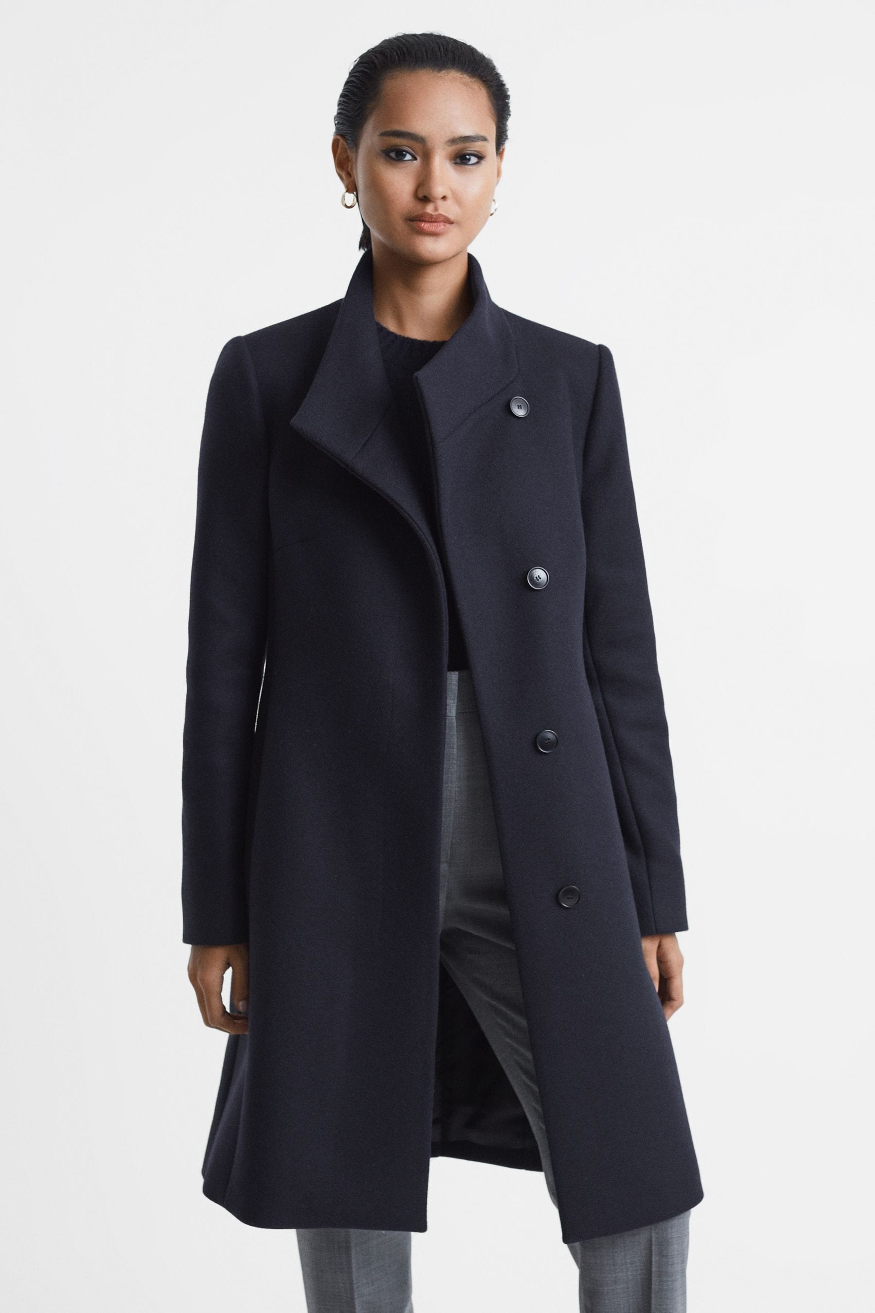Reiss Mia - Navy Wool Blend Mid-length Coat, Us 12