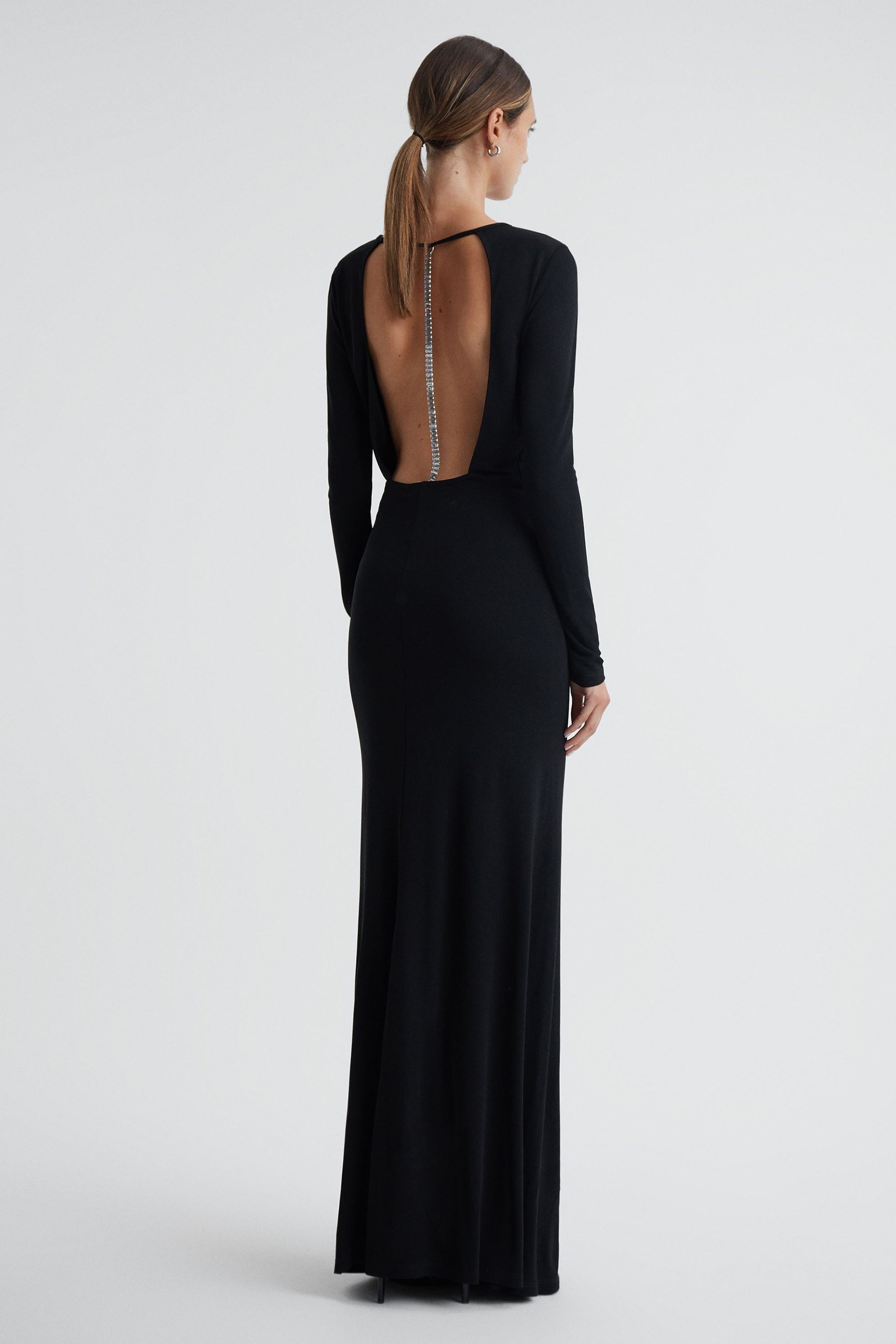 Reiss Dora Diamante-embellished Long-sleeve Jersey Maxi Dress In Black
