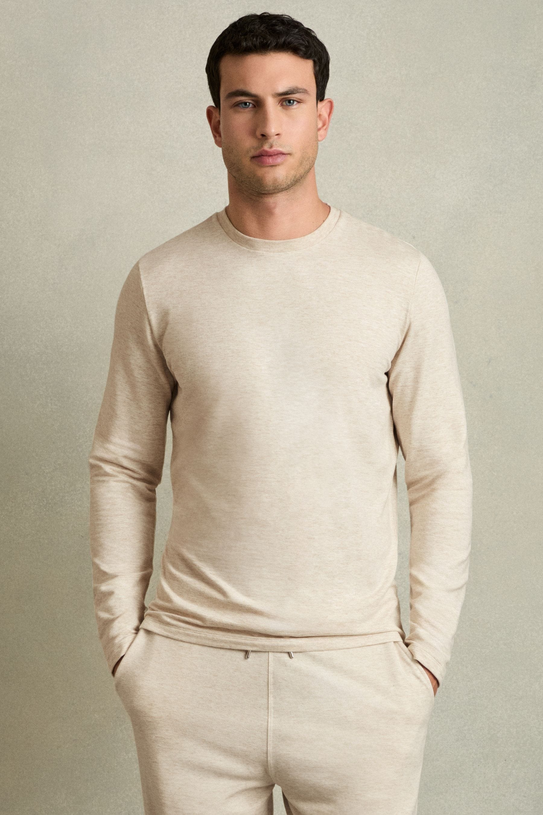 Reiss Adam - Oatmeal Melange Crew Neck Fleece Lined Jumper, L