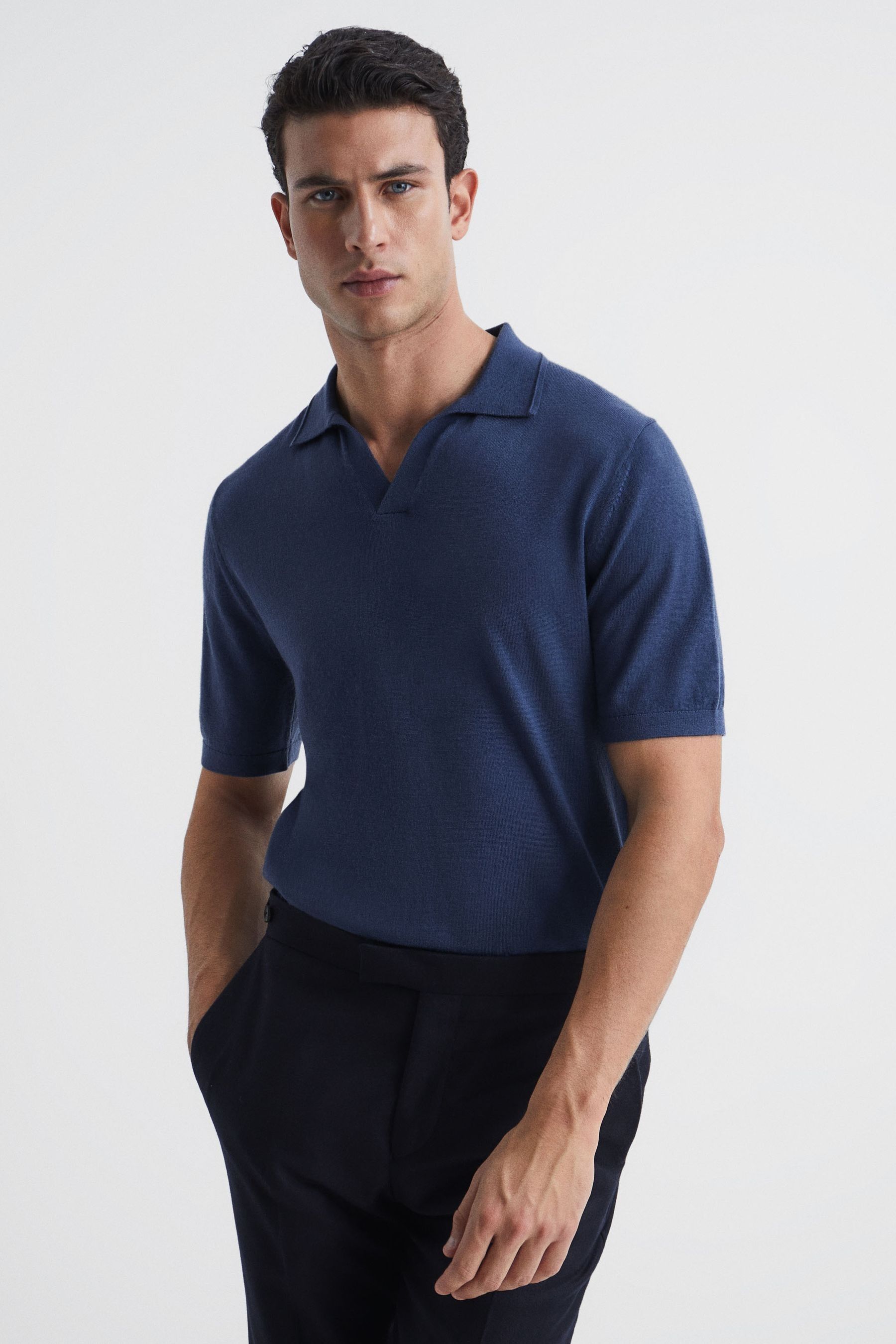 Reiss Mens Azure Duchie Open-neck Wool Polo Shirt In Azure