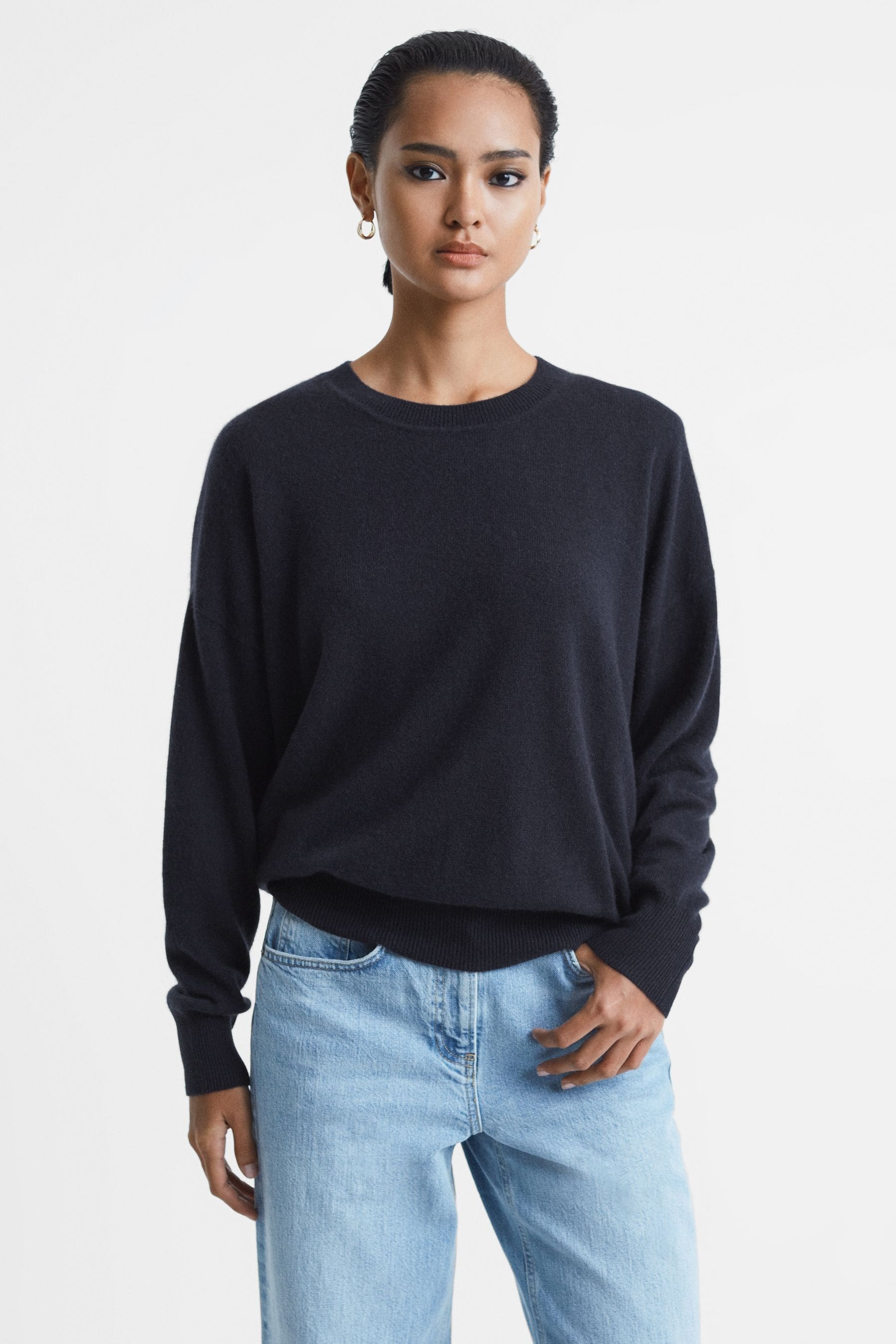 Reiss Lucy - Navy Cashmere Crew Neck Jumper, S