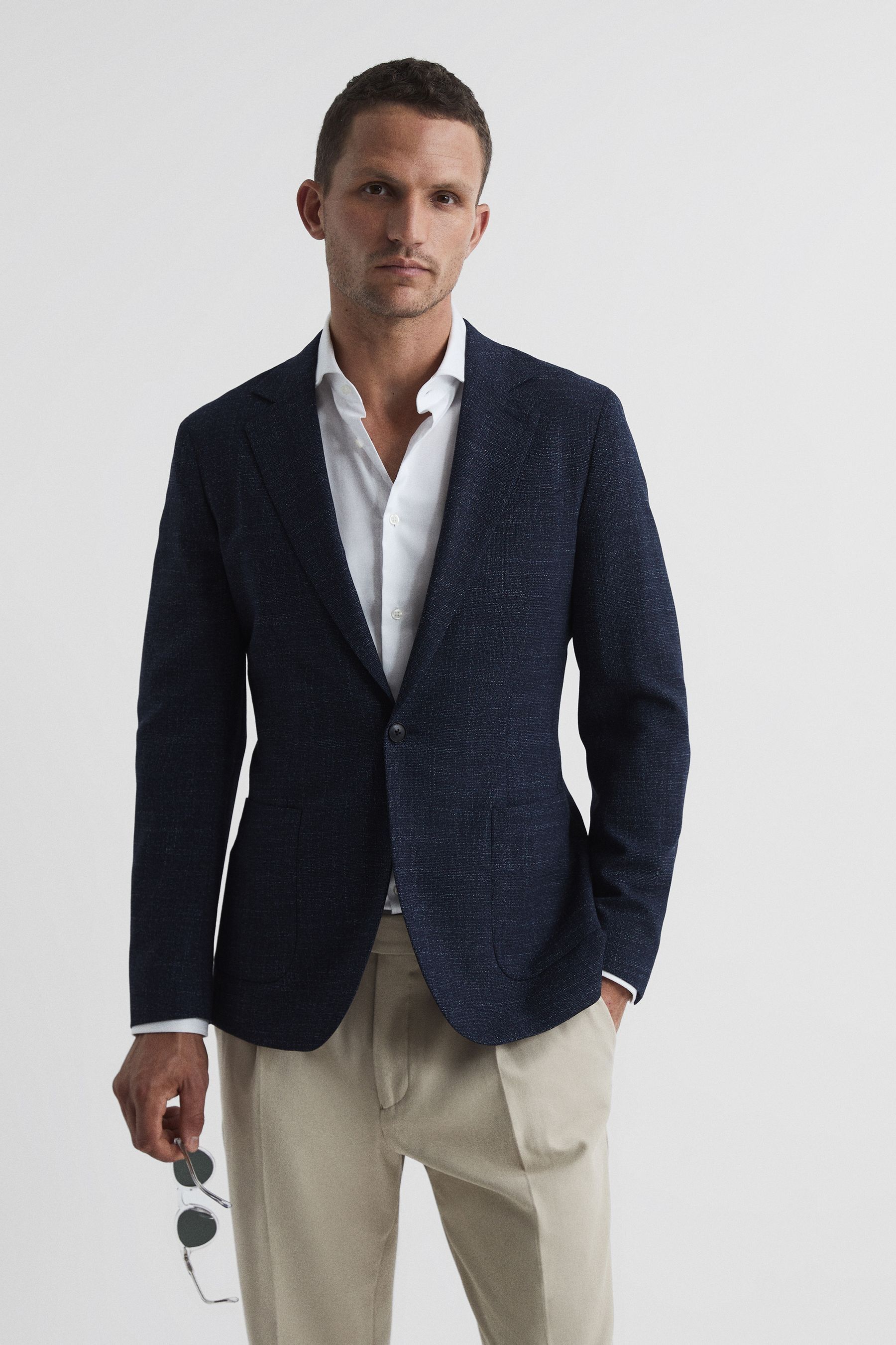 Reiss Navy Single Breasted Flecked Slim Fit Blazer, 46R