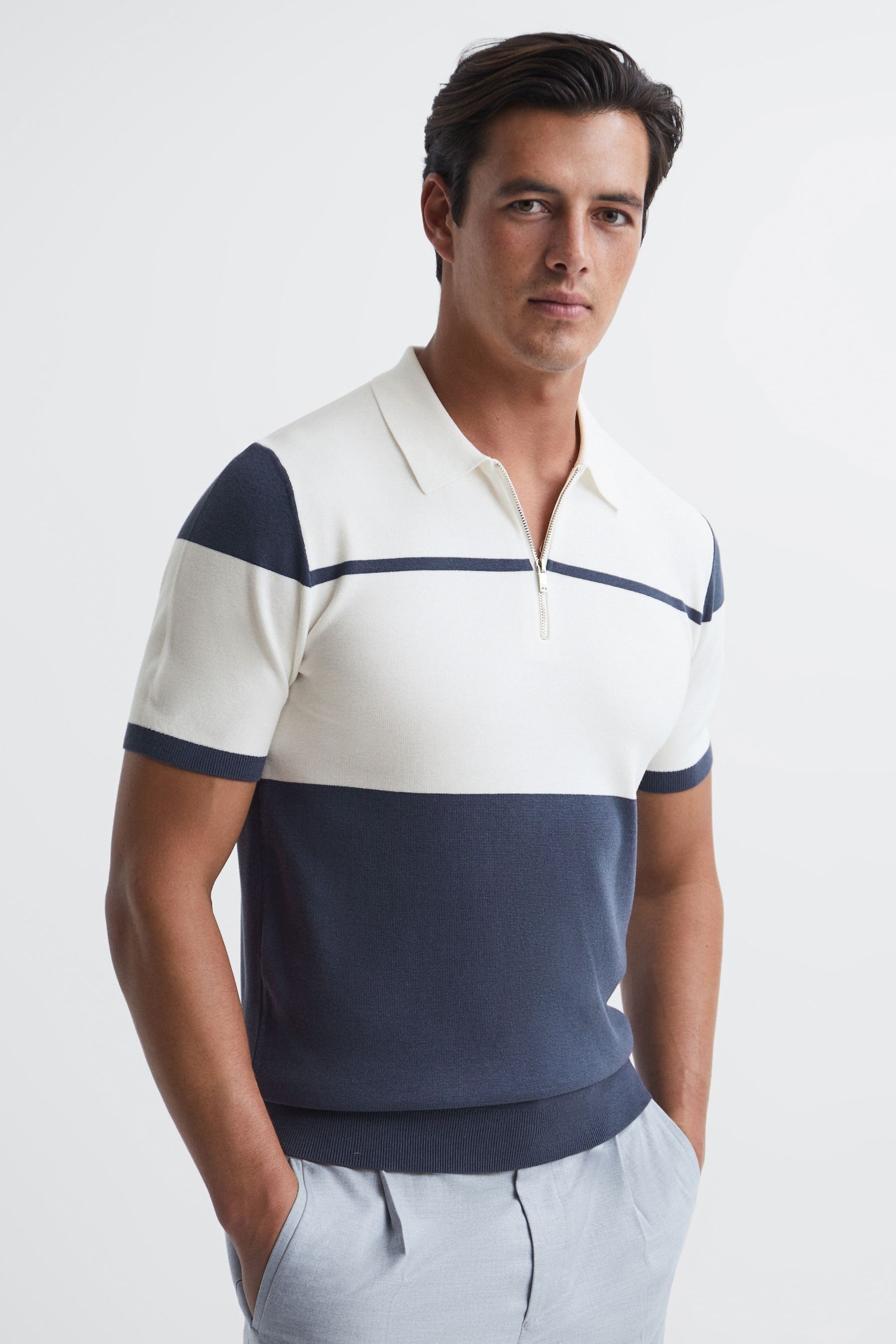 Rome - Airforce Blue/White Slim Fit Half Zip Colourblock Polo Shirt