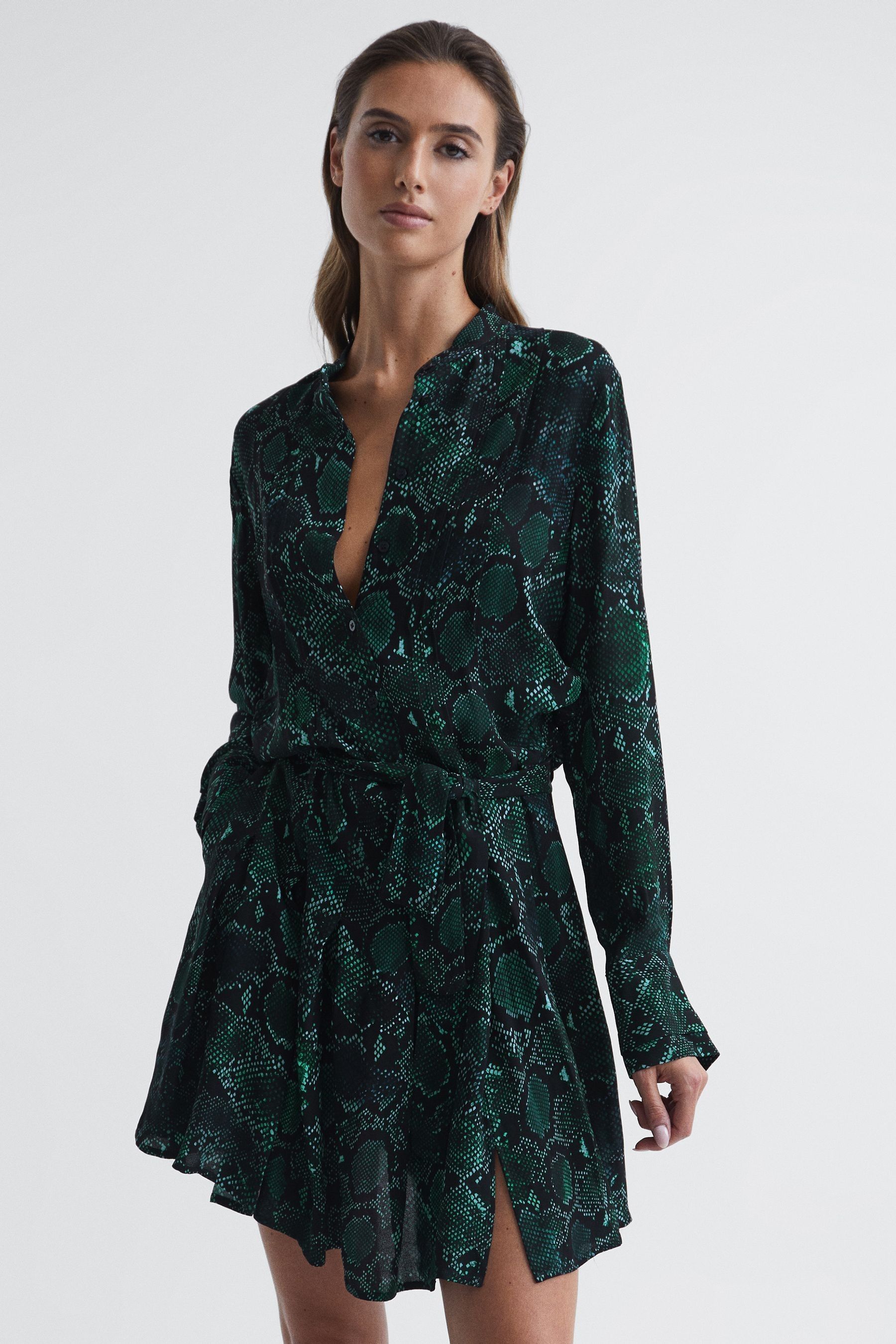 Shop Reiss Scarlett - Green Snake Print Flippy Mini Dress, Us 2