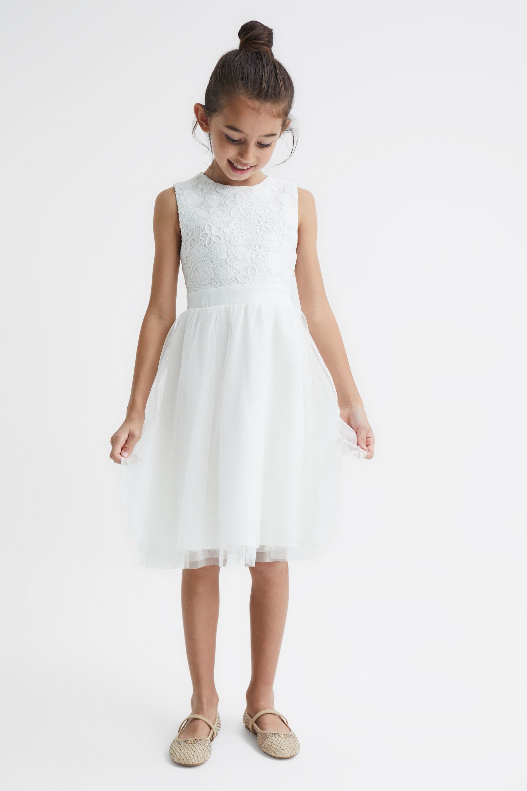 Reiss Girls Ivory Kids Kit Floral-embroidered Tulle And Lace Dress 4-9 Years