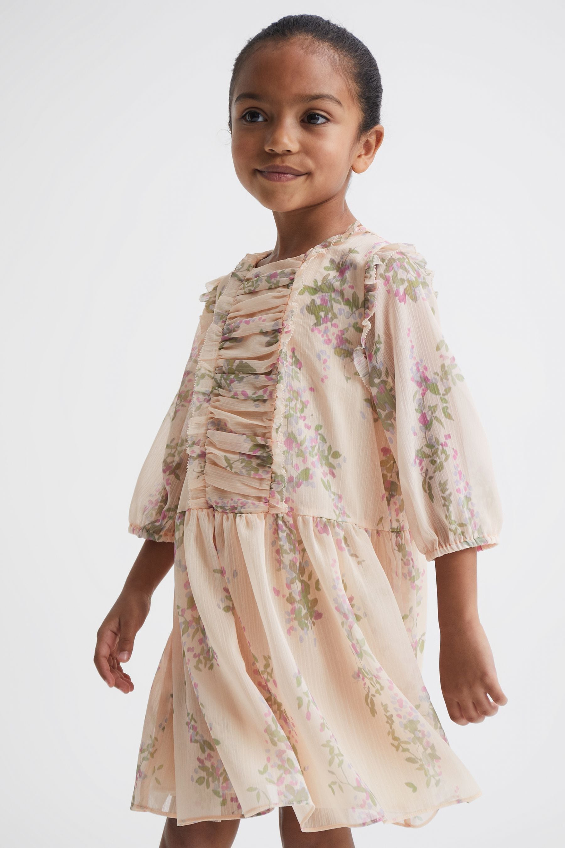 Reiss Kids' Amber - Pink Junior Chiffon Print Dress, Age 6-7 Years