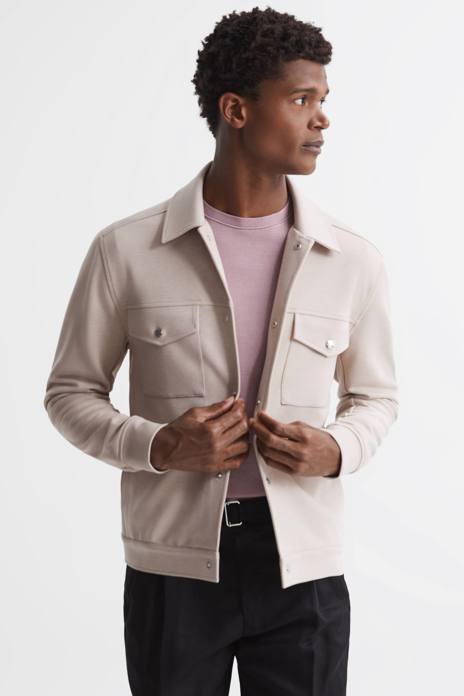 Reiss Jerry Flap-pocket Stretch-woven Overshirt In Oatmeal