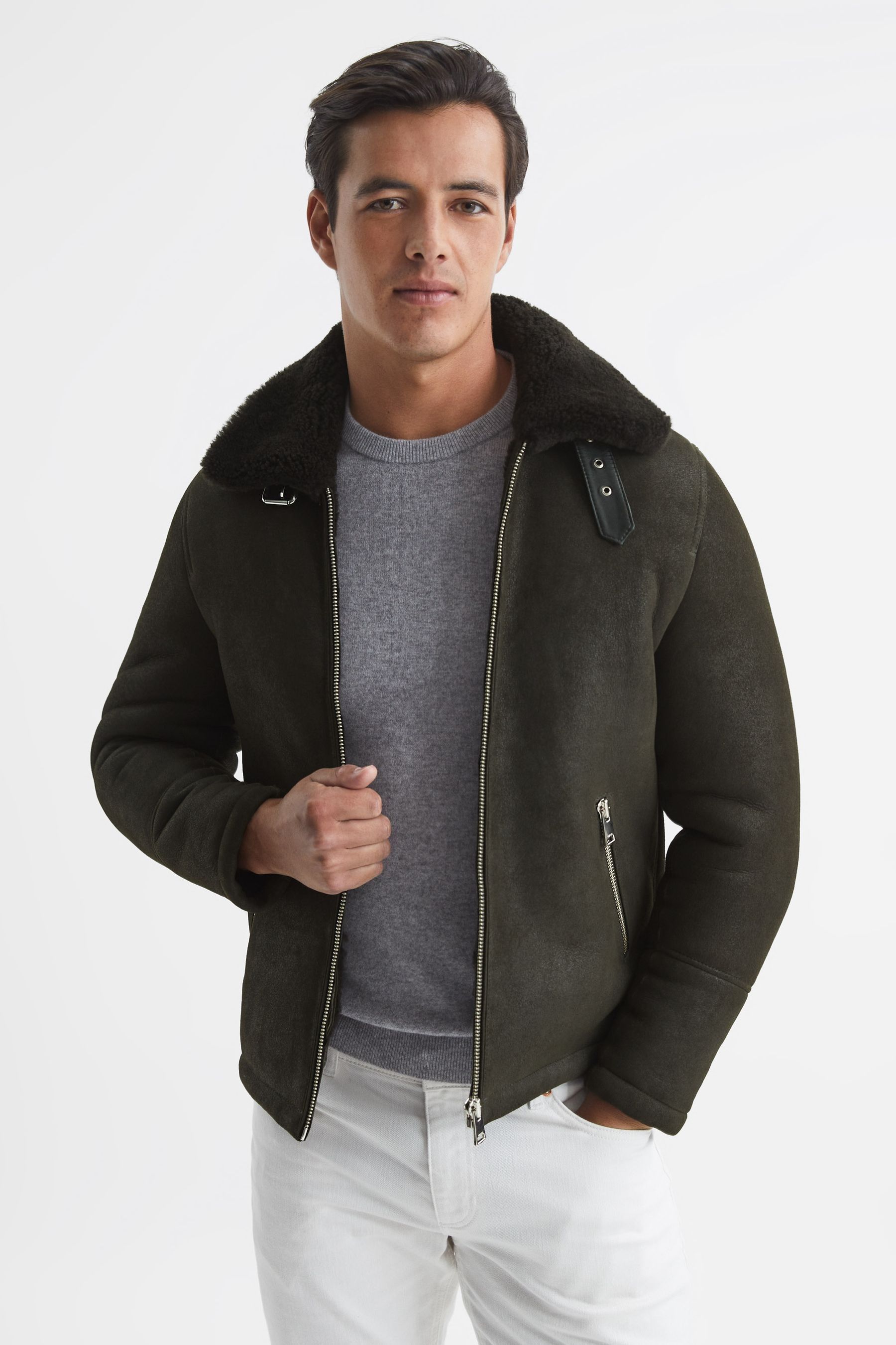 Green shearling jacket mens discount