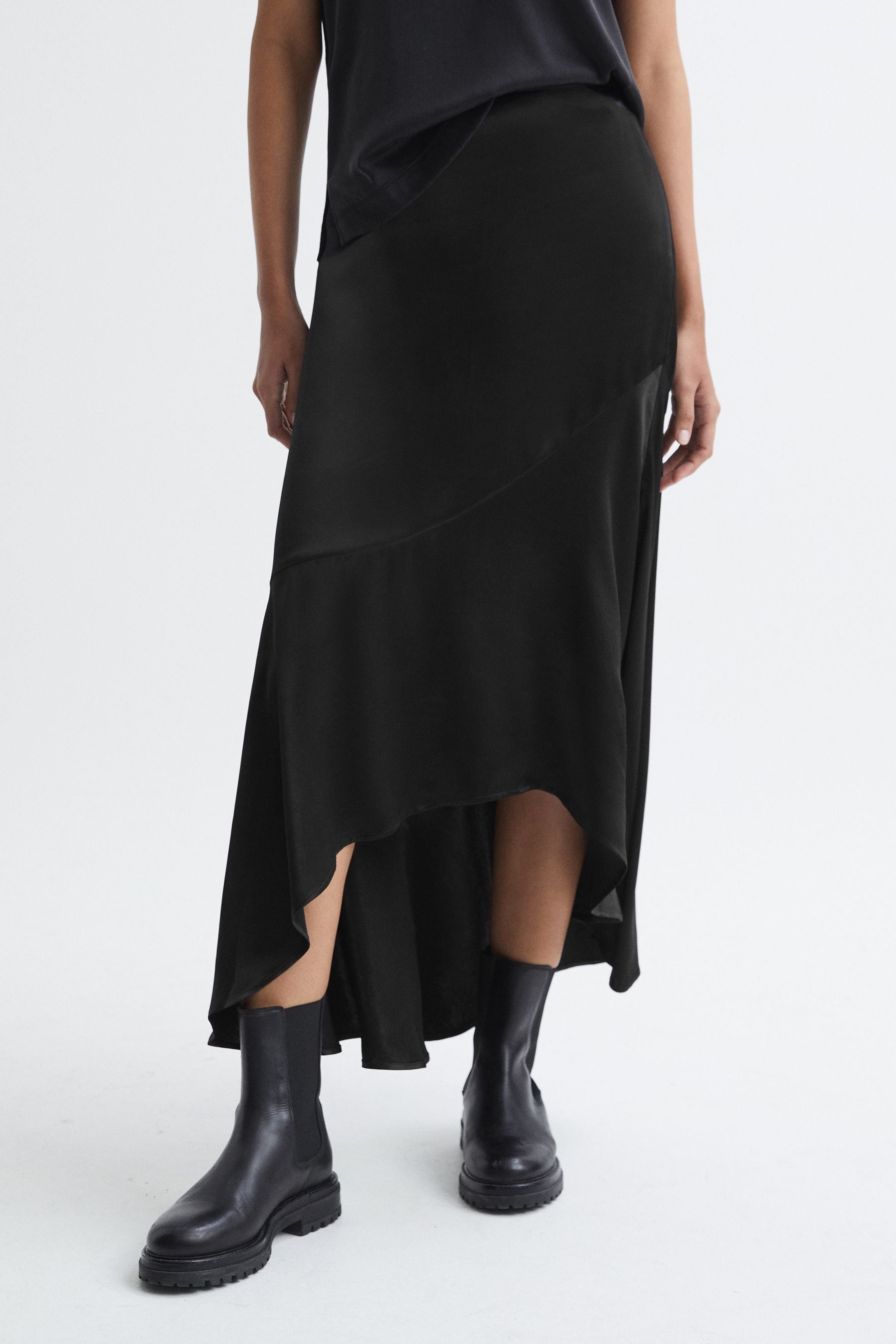 Reiss Inga - Black Satin High Rise Midi Skirt, Us 12