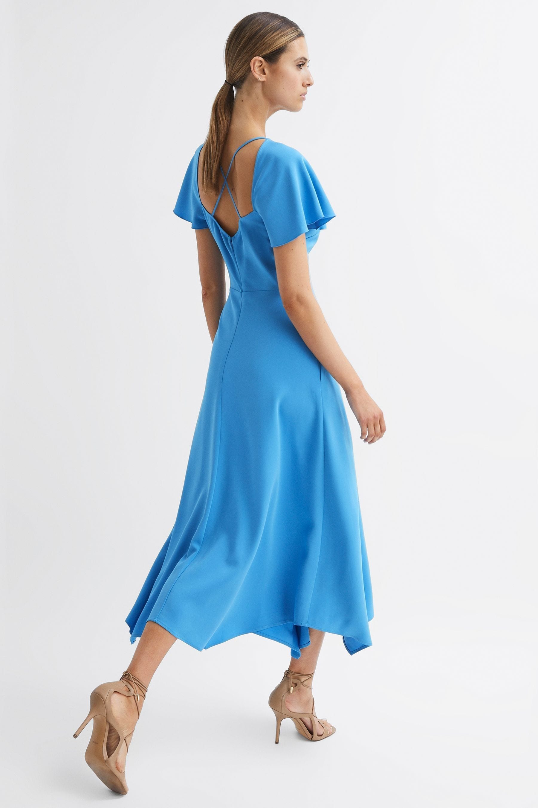 Reiss Eleni - Blue Cap Sleeve Midi Dress, Us 2