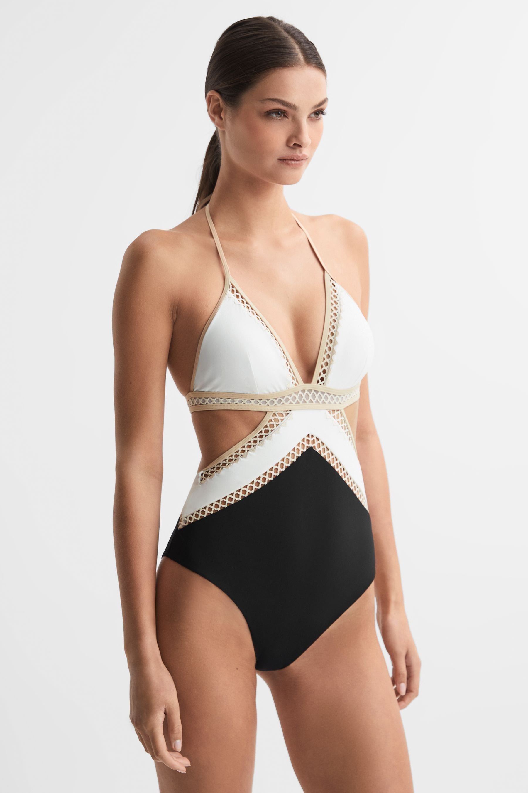 Reiss Savannah - Black/white Lattice Halterneck Swimsuit, Us 4
