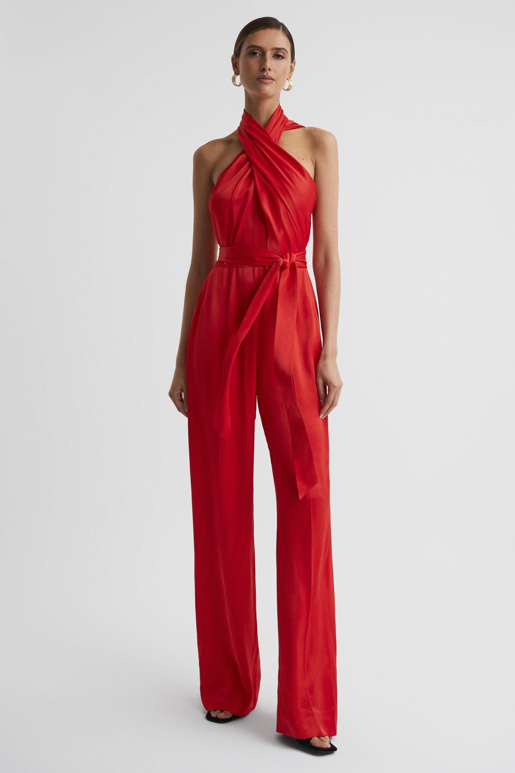Reiss Jules - Red Satin Halter Neck Fitted Jumpsuit, Us 6