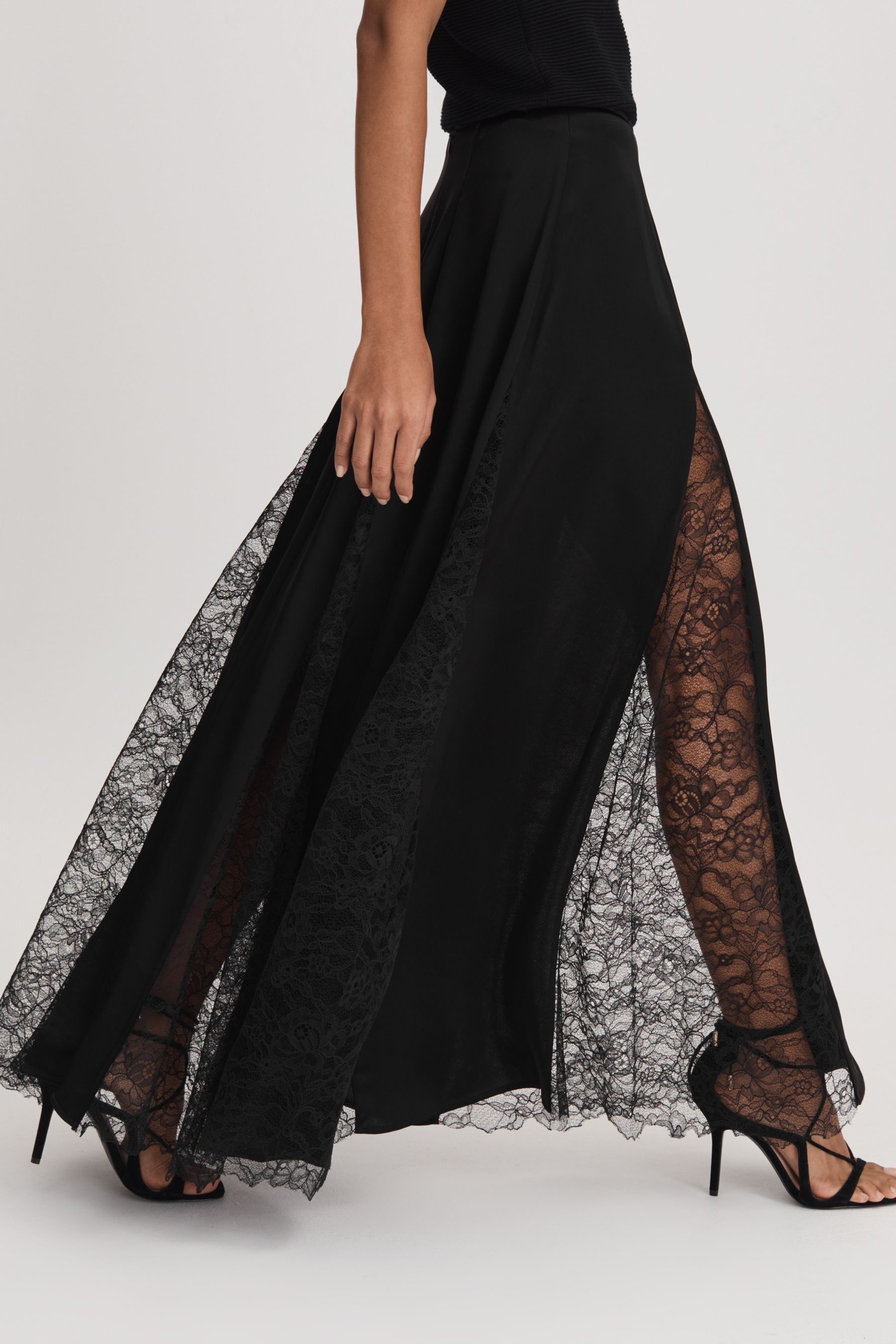 Anna Quan Satin Lace Maxi Skirt, Black, 10