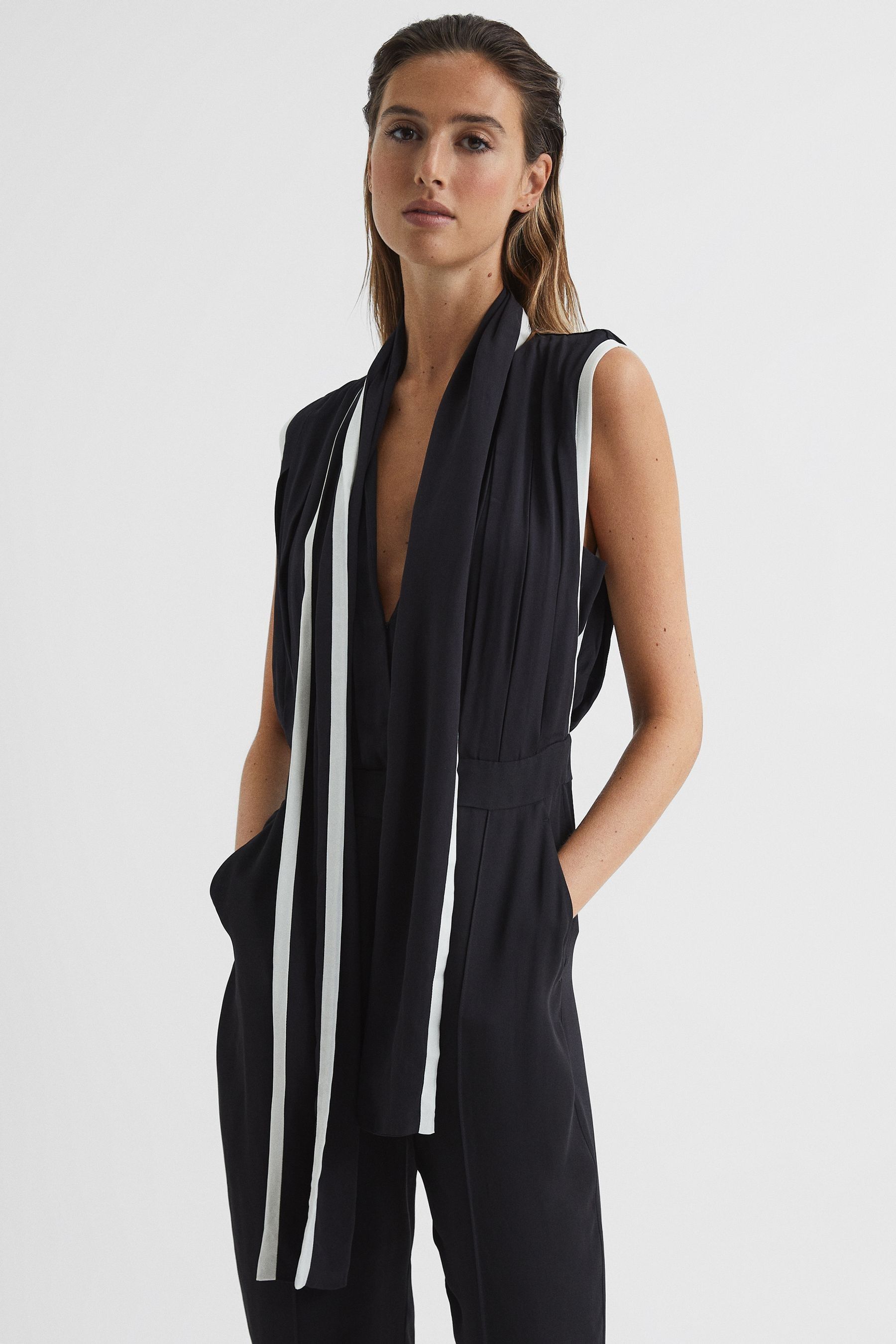 Reiss Black Petite Neck Tie Wide Leg Jumpsuit
