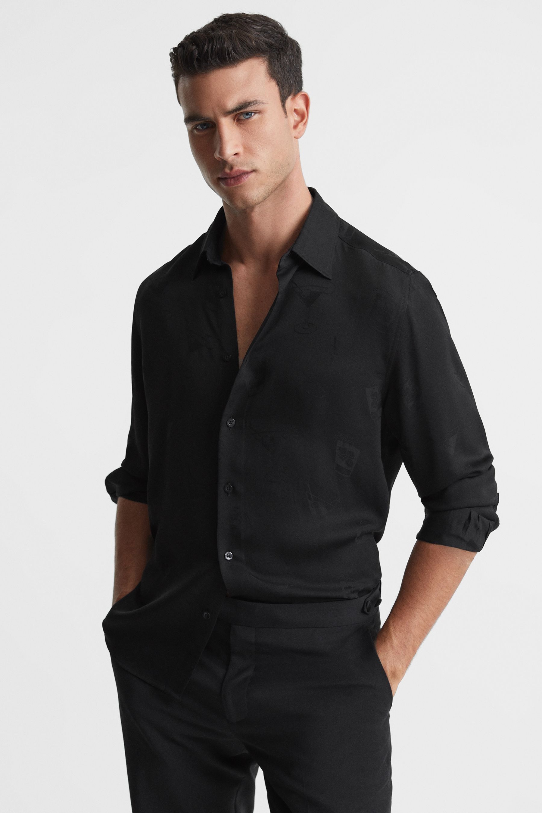 Reiss Cocktail - Black Jacquard Button-through Shirt, S
