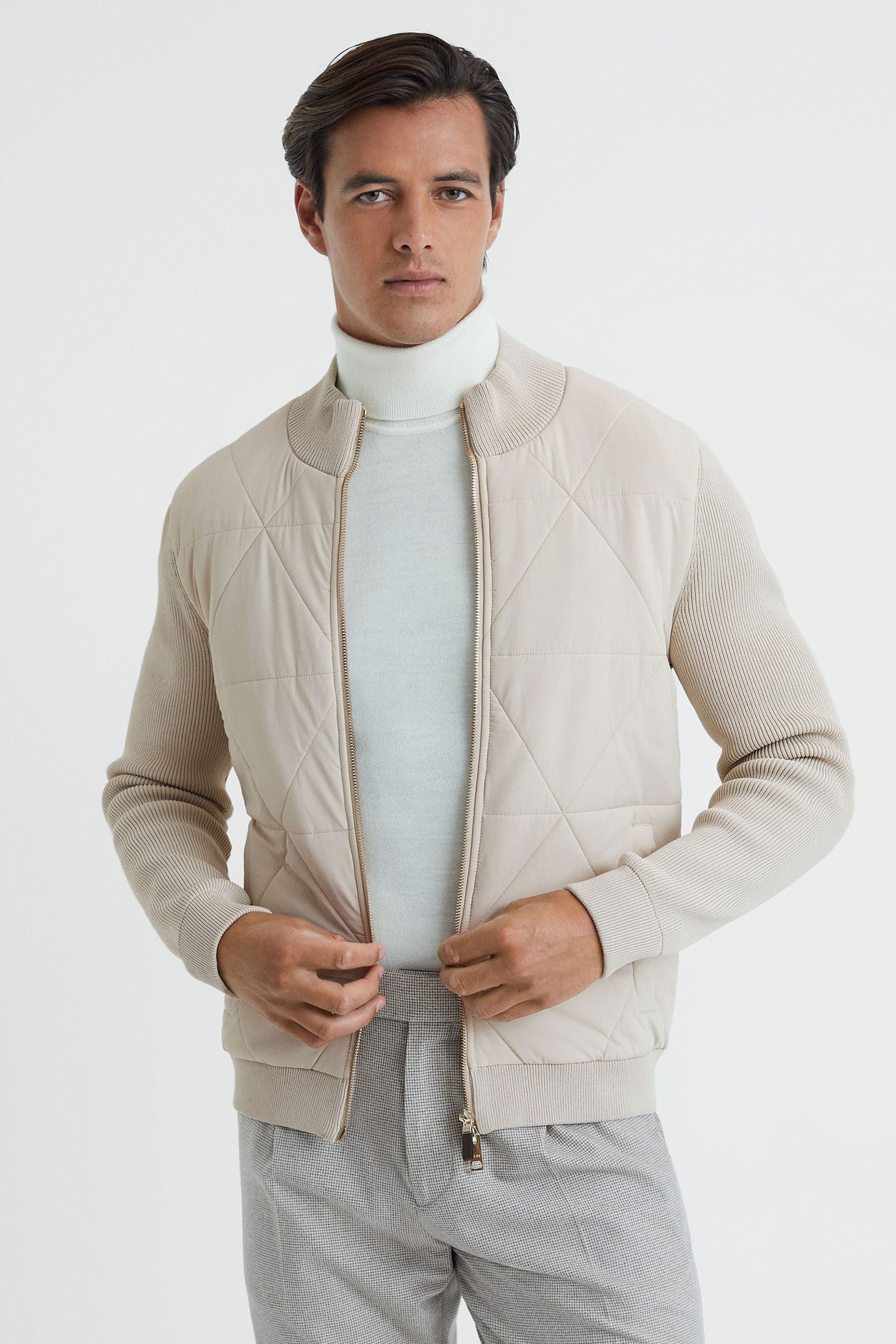 Reiss Amos - Stone Hybrid Zip-through Quilted Jacket, Xs