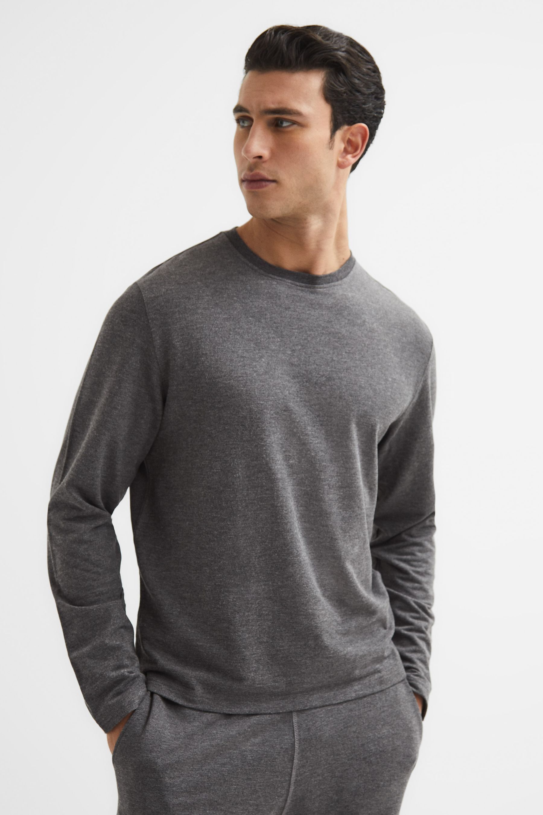 Reiss Adam Stretch-jersey Sweatshirt In Dark Grey Melange