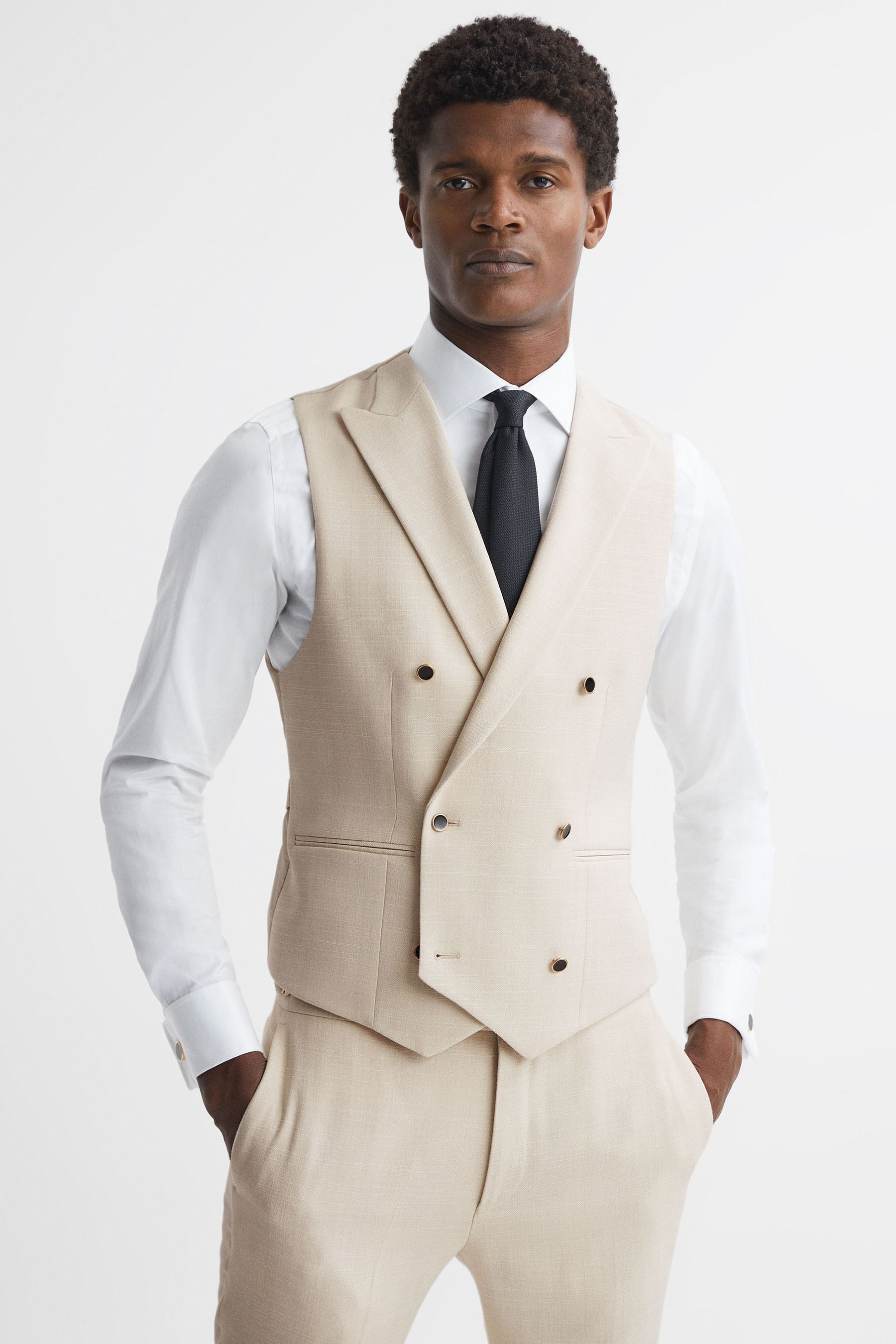 Reiss Gatsby - Ivory Slim Fit Textured Double Breasted Waistcoat, 38r