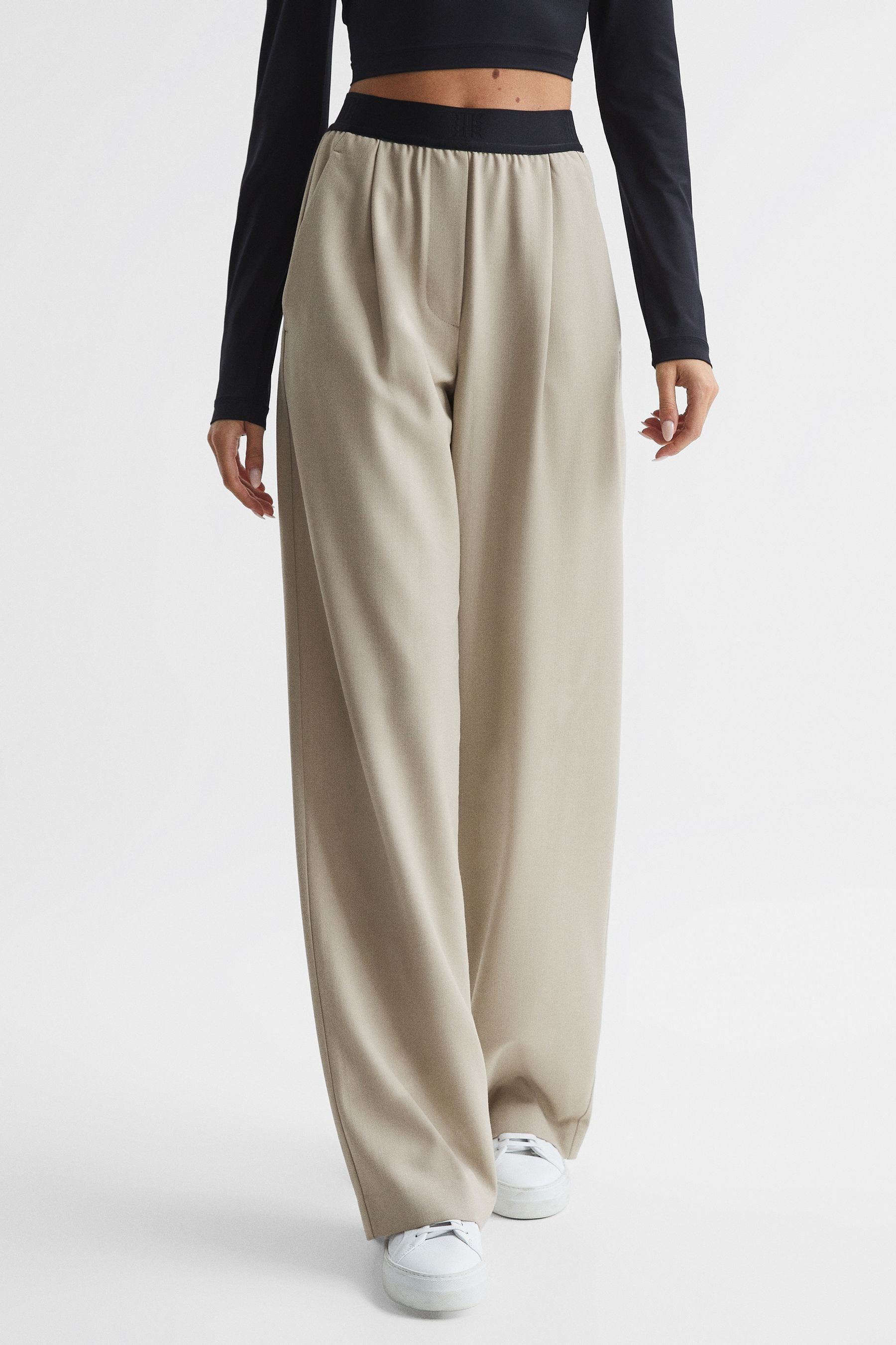 Reiss Womens Stone Lena Contrast-waist Wide-leg High-rise Stretch-woven Trousers