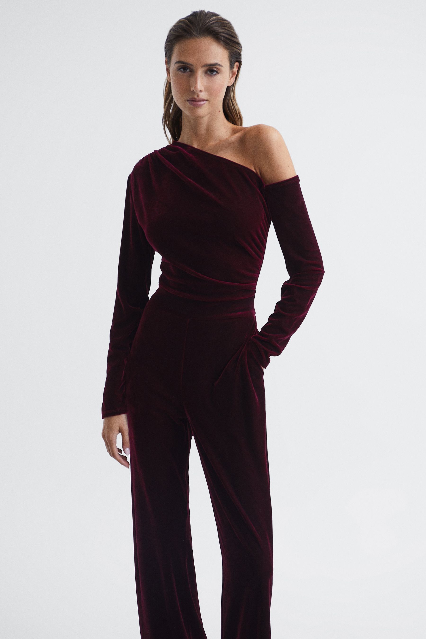 Ella Burgundy Petite Fitted Velvet Jumpsuit