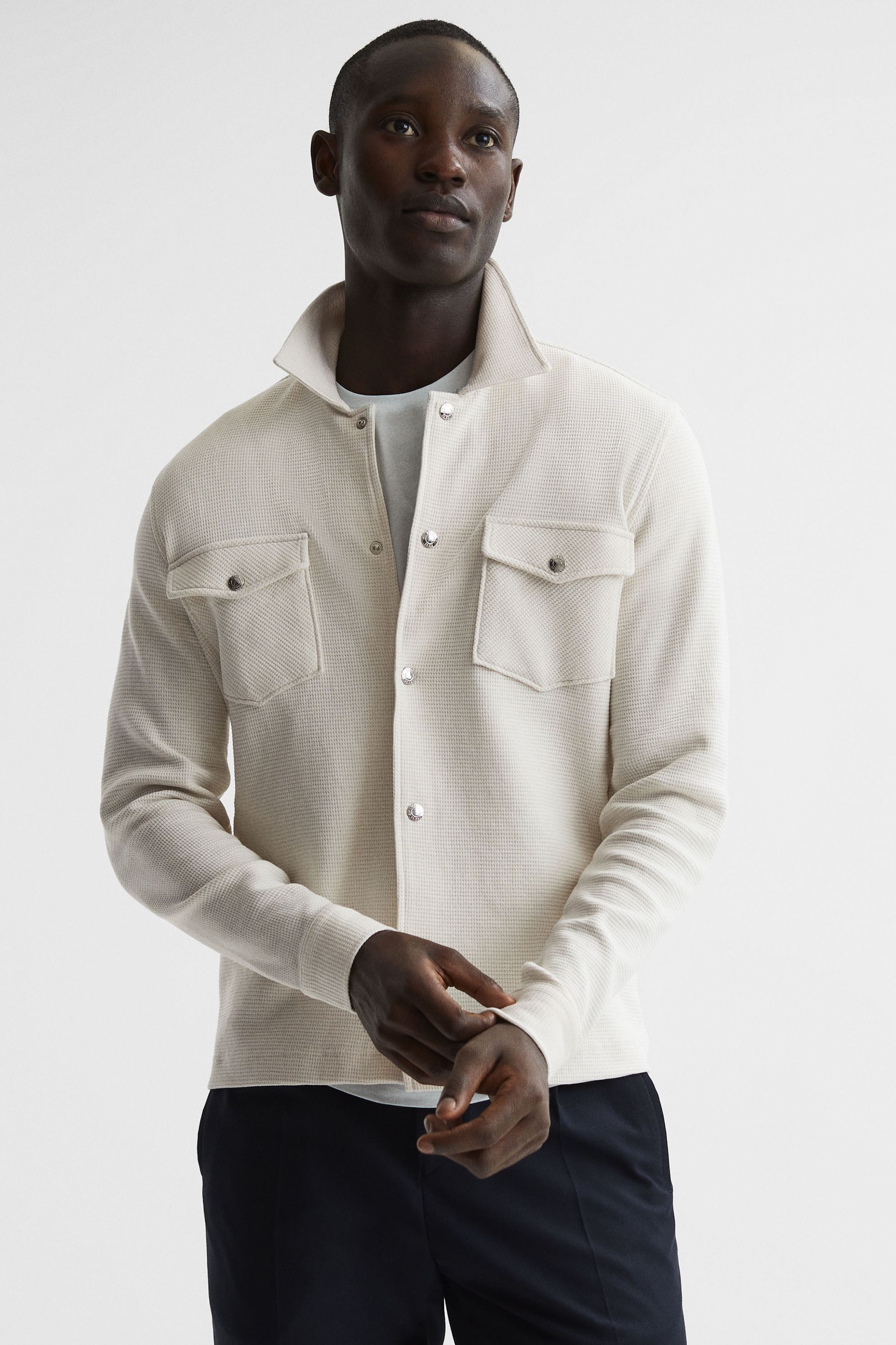 REISS COFAX COTTON WAFFLE KNIT SNAP-UP OVERSHIRT