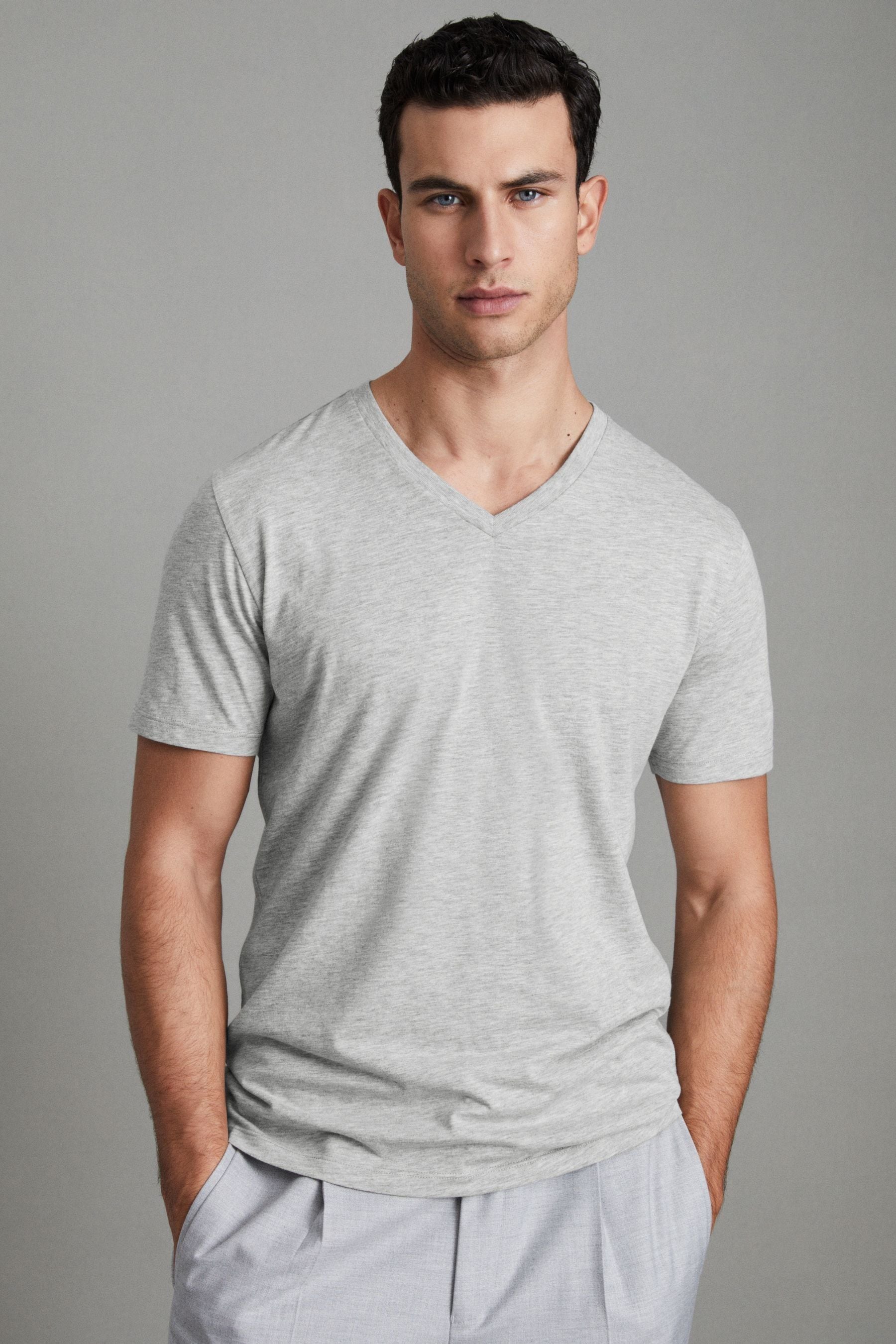 Dayton - Grey Marl Cotton V-Neck T-Shirt