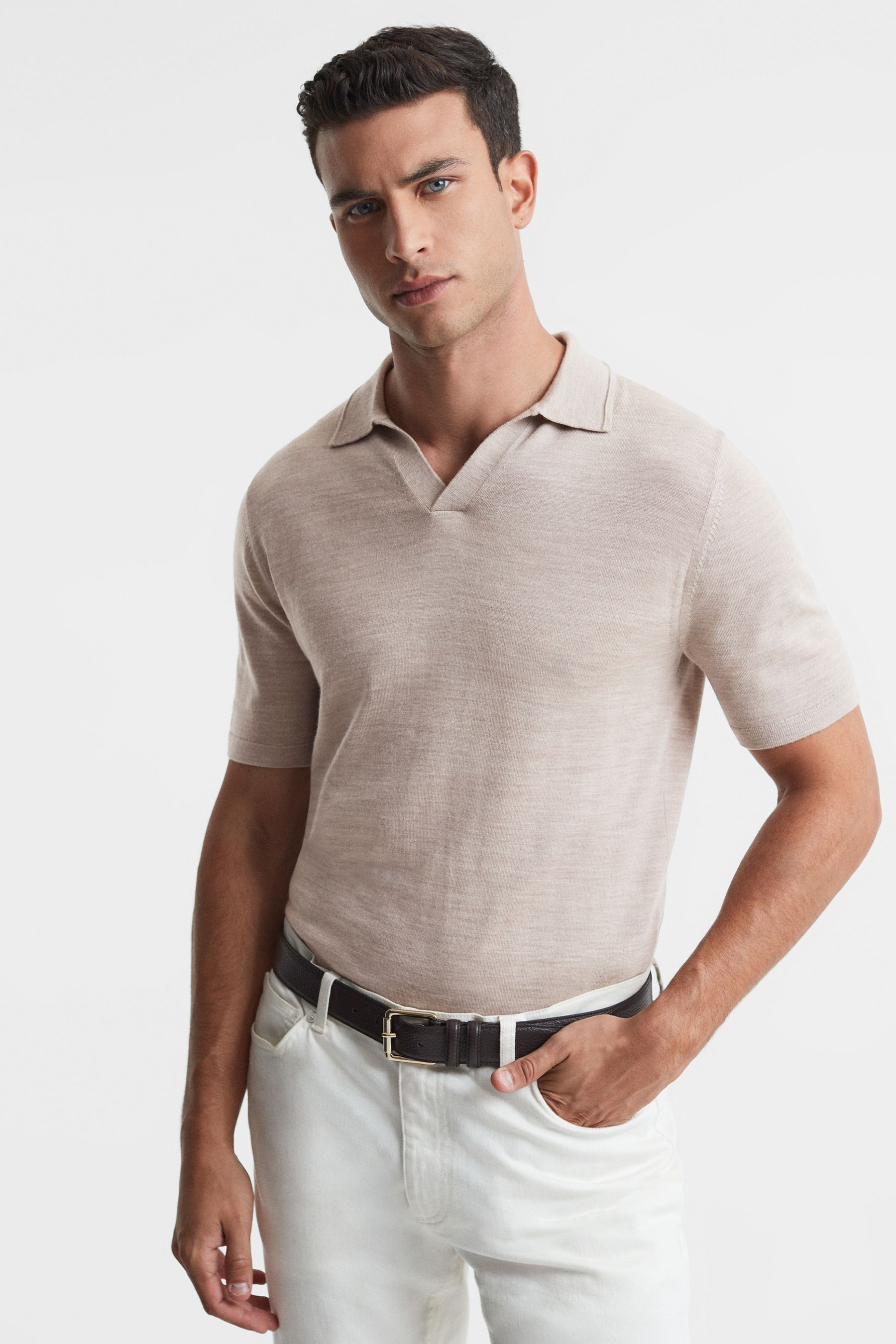 Duchie - Wheat Melange Merino Wool Open Collar Polo Shirt